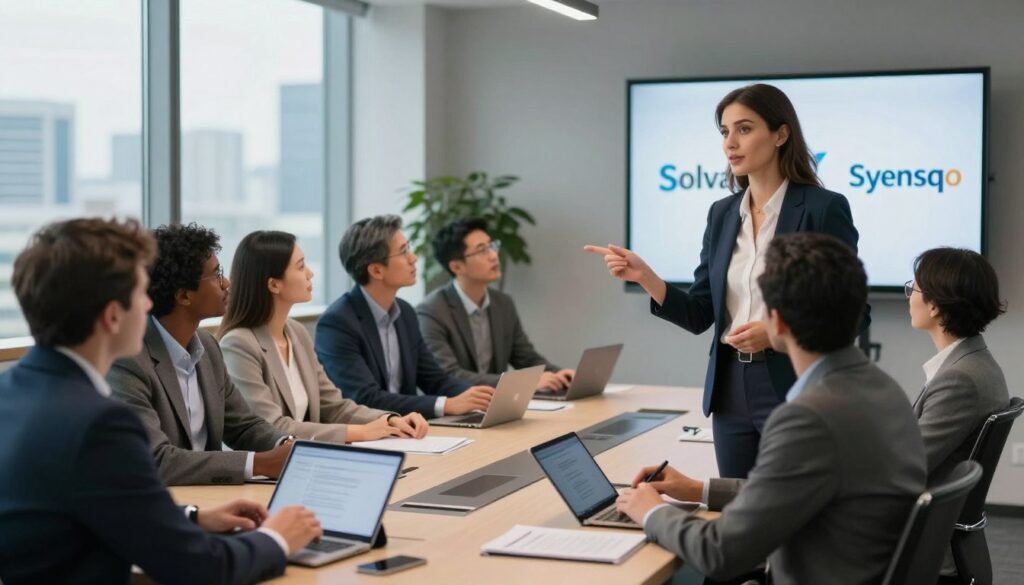 A sophisticated corporate meeting room featuring a diverse group of professionals engaged in a strategic discussion about industrial success and challenges. In the foreground, a confident woman in business attire (Ilham Kadri) is leading the conversation, pointing toward a digital presentation displaying the Solvay and Syensqo logos. The middle ground captures colleagues of various ethnicities seated around a modern conference table, collaborating with digital tablets and documents scattered around. The background includes large windows showcasing a city skyline and soft natural lighting, creating a positive and dynamic atmosphere. The mood is focused yet inspiring, highlighting teamwork and innovation in the industrial sector, with a depth of field effect to draw attention to the foreground figures. A sophisticated corporate meeting room featuring a diverse group of professionals engaged in a strategic discussion about industrial success and challenges. In the foreground, a confident woman in business attire (Ilham Kadri) is leading the conversation, pointing toward a digital presentation displaying the Solvay and Syensqo logos. The middle ground captures colleagues of various ethnicities seated around a modern conference table, collaborating with digital tablets and documents scattered around. The background includes large windows showcasing a city skyline and soft natural lighting, creating a positive and dynamic atmosphere. The mood is focused yet inspiring, highlighting teamwork and innovation in the industrial sector, with a depth of field effect to draw attention to the foreground figures.