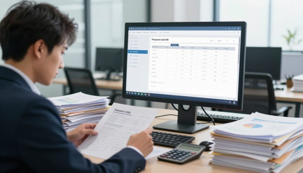 A split image illustrating the transition from manual methods to an integrated solution for payroll and HR. In the foreground, depict a frustrated business professional surrounded by piles of paperwork, calculator, and charts, dressed in smart business attire. In the middle ground, show a sleek, modern office environment with a large computer screen displaying user-friendly software interfaces for payroll and HR management. The background should feature a bright window with natural light streaming in, symbolizing clarity and progress. Use a soft focus on the edges to emphasize the transformation theme. The atmosphere should be both hopeful and productive, showcasing the efficiency of modern solutions over traditional methods. A split image illustrating the transition from manual methods to an integrated solution for payroll and HR. In the foreground, depict a frustrated business professional surrounded by piles of paperwork, calculator, and charts, dressed in smart business attire. In the middle ground, show a sleek, modern office environment with a large computer screen displaying user-friendly software interfaces for payroll and HR management. The background should feature a bright window with natural light streaming in, symbolizing clarity and progress. Use a soft focus on the edges to emphasize the transformation theme. The atmosphere should be both hopeful and productive, showcasing the efficiency of modern solutions over traditional methods.