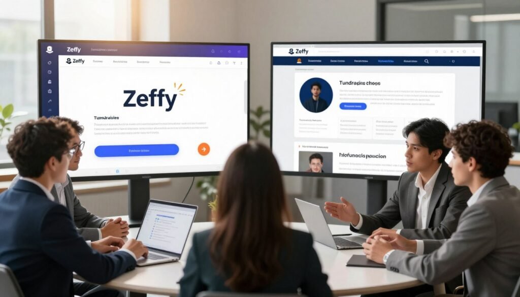 A split image showcasing a comparison between Zeffy and traditional fundraising platforms. On the left, depict a modern, sleek digital interface representing Zeffy, with vibrant colors and easy-to-use features, highlighted by a bright, optimistic lighting. On the right, illustrate a more traditional fundraising platform, using muted colors and a cluttered design, conveying a sense of complexity and confusion. In the foreground, create a round table with diverse professionals in business attire discussing the two platforms, emphasizing collaboration and comparison. The background should show a soft-focus office setting, giving a sense of a serious yet innovative business atmosphere. Use a wide-angle lens to capture the entire scene, with natural light filtering through windows for a warm, inviting feel. A split image showcasing a comparison between Zeffy and traditional fundraising platforms. On the left, depict a modern, sleek digital interface representing Zeffy, with vibrant colors and easy-to-use features, highlighted by a bright, optimistic lighting. On the right, illustrate a more traditional fundraising platform, using muted colors and a cluttered design, conveying a sense of complexity and confusion. In the foreground, create a round table with diverse professionals in business attire discussing the two platforms, emphasizing collaboration and comparison. The background should show a soft-focus office setting, giving a sense of a serious yet innovative business atmosphere. Use a wide-angle lens to capture the entire scene, with natural light filtering through windows for a warm, inviting feel.