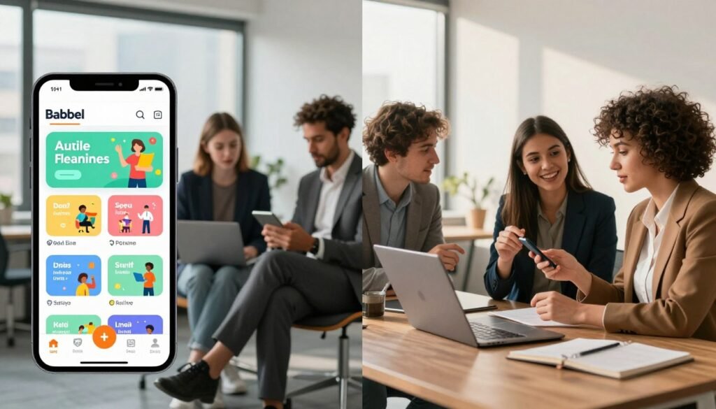 A split-screen comparison of language learning applications featuring Babbel on one side and a generic competitor on the other. In the foreground, display elegant smartphone screens showcasing the Babbel app interface, vibrant with colorful language lessons and engaging visuals. The middle ground should depict a diverse group of four individuals, dressed in professional business attire, engaged in lively discussions while using their devices. In the background, a modern office environment with large windows should let in soft natural light, casting gentle shadows. The overall mood should be dynamic and inspiring, emphasizing the progression and benefits of language learning in a competitive landscape. The image should convey a sense of teamwork and innovation in education technology. A split-screen comparison of language learning applications featuring Babbel on one side and a generic competitor on the other. In the foreground, display elegant smartphone screens showcasing the Babbel app interface, vibrant with colorful language lessons and engaging visuals. The middle ground should depict a diverse group of four individuals, dressed in professional business attire, engaged in lively discussions while using their devices. In the background, a modern office environment with large windows should let in soft natural light, casting gentle shadows. The overall mood should be dynamic and inspiring, emphasizing the progression and benefits of language learning in a competitive landscape. The image should convey a sense of teamwork and innovation in education technology.
