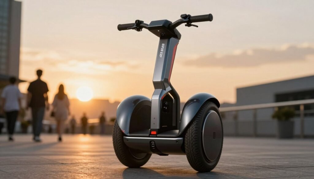 A stylish and modern InMotion V14 RS Climber electric unicycle, highlighted prominently in the foreground, showcasing its sleek design and robust build. The unicycle features a glossy finish and vibrant accents, emphasizing its cutting-edge technology and performance. In the middle ground, a well-lit urban environment with soft bokeh effects illustrating a lively tech scene with blurred city landmarks, providing context without distracting from the main subject. The background displays a sunset sky casting warm, golden hues, enhancing the innovative vibe of the image. Use dramatic yet professional lighting to accentuate the contours of the unicycle, capturing the essence of advanced mobility solutions in an optimistic, forward-looking atmosphere. The angle should be slightly low, giving the unicycle a heroic stance without any distractions or text overlays. A stylish and modern InMotion V14 RS Climber electric unicycle, highlighted prominently in the foreground, showcasing its sleek design and robust build. The unicycle features a glossy finish and vibrant accents, emphasizing its cutting-edge technology and performance. In the middle ground, a well-lit urban environment with soft bokeh effects illustrating a lively tech scene with blurred city landmarks, providing context without distracting from the main subject. The background displays a sunset sky casting warm, golden hues, enhancing the innovative vibe of the image. Use dramatic yet professional lighting to accentuate the contours of the unicycle, capturing the essence of advanced mobility solutions in an optimistic, forward-looking atmosphere. The angle should be slightly low, giving the unicycle a heroic stance without any distractions or text overlays.