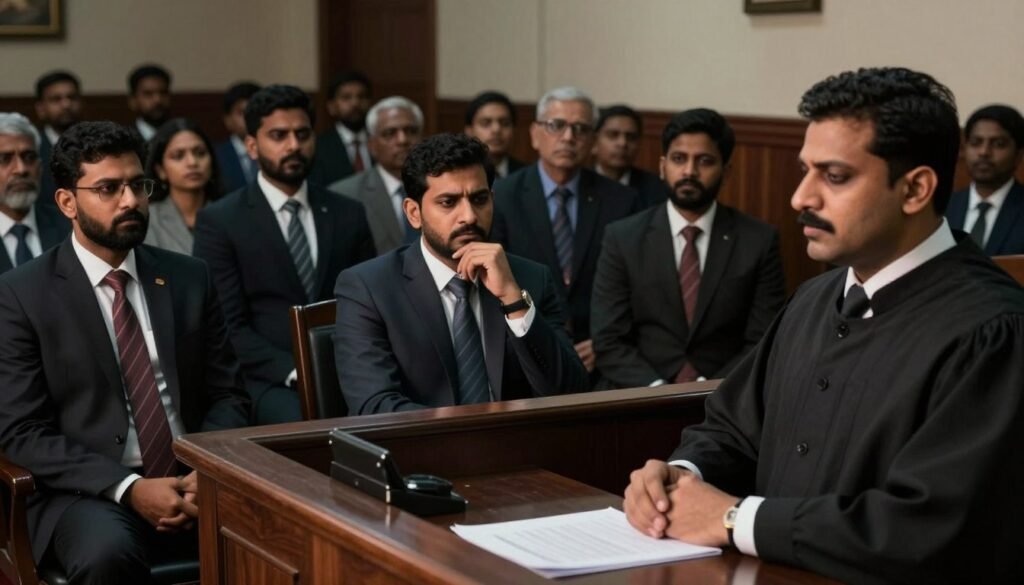 A tense courtroom scene depicting the moment of the verdict in the Badr Hari aggression case. In the foreground, a judge in formal attire sits at the bench, looking stern and focused. In the middle, Badr Hari, dressed in a smart business suit, appears contemplative, his expression reflecting a mix of concern and resilience. Surrounding him are lawyers in professional suits engaged in thoughtful discussion. In the background, an audience watches intently, capturing the seriousness of the atmosphere. The lighting is dramatic, with a spotlight on the judge and harsher shadows in the recesses of the courtroom, creating a charged mood that reflects the weight of the moment. The angle is slightly elevated, providing a comprehensive view of the courtroom dynamics. A tense courtroom scene depicting the moment of the verdict in the Badr Hari aggression case. In the foreground, a judge in formal attire sits at the bench, looking stern and focused. In the middle, Badr Hari, dressed in a smart business suit, appears contemplative, his expression reflecting a mix of concern and resilience. Surrounding him are lawyers in professional suits engaged in thoughtful discussion. In the background, an audience watches intently, capturing the seriousness of the atmosphere. The lighting is dramatic, with a spotlight on the judge and harsher shadows in the recesses of the courtroom, creating a charged mood that reflects the weight of the moment. The angle is slightly elevated, providing a comprehensive view of the courtroom dynamics.