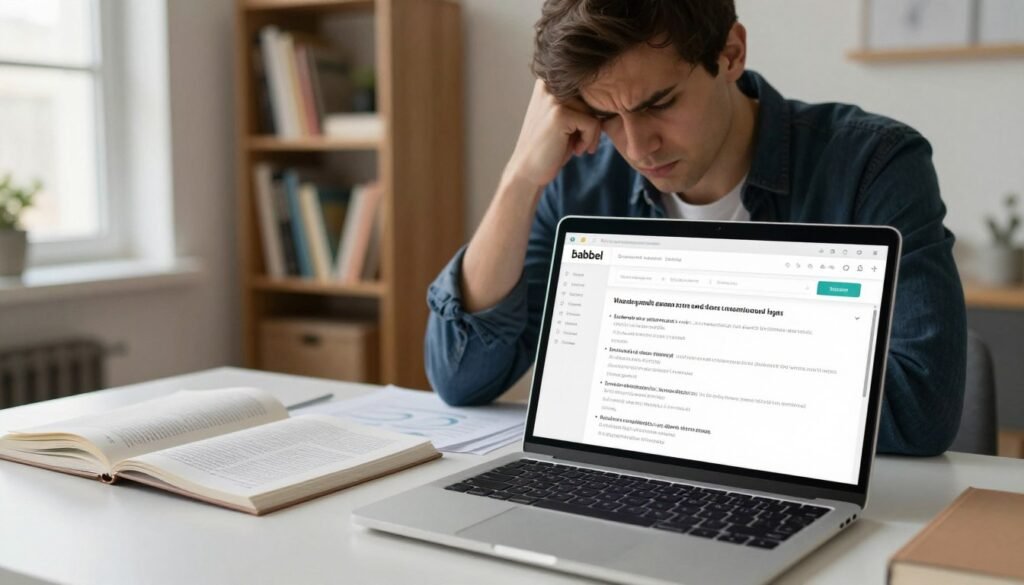 A thoughtful individual sits at a neat desk, looking frustrated while using a language learning app on a laptop. The foreground features a close-up of the laptop screen displaying the Babbel interface, with language exercises partially completed. In the middle, the person has a furrowed brow, dressed in smart casual attire, with language books and notes scattered around. The background reveals a cozy study room with bookshelves filled with language resources. Soft, natural light filters through a nearby window, creating a warm ambiance, while shadows hint at the challenges of learning. The overall mood conveys a sense of struggle and limitation in the language learning journey, reflecting the article's theme. A thoughtful individual sits at a neat desk, looking frustrated while using a language learning app on a laptop. The foreground features a close-up of the laptop screen displaying the Babbel interface, with language exercises partially completed. In the middle, the person has a furrowed brow, dressed in smart casual attire, with language books and notes scattered around. The background reveals a cozy study room with bookshelves filled with language resources. Soft, natural light filters through a nearby window, creating a warm ambiance, while shadows hint at the challenges of learning. The overall mood conveys a sense of struggle and limitation in the language learning journey, reflecting the article's theme.