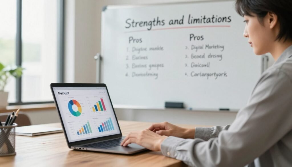 A thoughtfully organized workspace scene illustrating the concept of "strengths and limitations" in digital marketing tools. In the foreground, a professional business person, dressed in smart casual attire, is intently analyzing data on a sleek laptop, surrounded by colorful charts and graphs representing the advantages of Metricool. The middle ground features a large whiteboard with notes and pros and cons listed in clear handwriting, symbolizing critical evaluation. In the background, soft natural light filters through large windows, creating an inviting atmosphere. The overall mood should be focused yet dynamic, reflecting an analytical approach to online presence management—perfectly suited for a modern professional environment. A thoughtfully organized workspace scene illustrating the concept of "strengths and limitations" in digital marketing tools. In the foreground, a professional business person, dressed in smart casual attire, is intently analyzing data on a sleek laptop, surrounded by colorful charts and graphs representing the advantages of Metricool. The middle ground features a large whiteboard with notes and pros and cons listed in clear handwriting, symbolizing critical evaluation. In the background, soft natural light filters through large windows, creating an inviting atmosphere. The overall mood should be focused yet dynamic, reflecting an analytical approach to online presence management—perfectly suited for a modern professional environment.