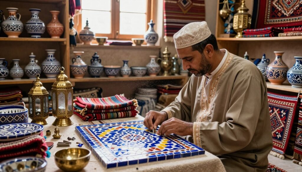 A vibrant Moroccan artisan workshop filled with rich cultural heritage. In the foreground, a skilled artisan, dressed in traditional modest clothing, meticulously crafts a colorful mosaic tile, showcasing intricate geometric patterns. Surrounding him are various handcrafted items such as woven rugs and brass lanterns, emphasizing the artisan's dedication to his craft. In the middle ground, shelves are lined with beautifully painted pottery and textiles, creating a sense of abundance and creativity. The background features a softly lit window, allowing natural light to spill into the workshop, highlighting dust particles in the air and creating a warm, inviting atmosphere. The overall mood is one of passion and craftsmanship, reflecting the beauty and richness of Moroccan artisan culture. A vibrant Moroccan artisan workshop filled with rich cultural heritage. In the foreground, a skilled artisan, dressed in traditional modest clothing, meticulously crafts a colorful mosaic tile, showcasing intricate geometric patterns. Surrounding him are various handcrafted items such as woven rugs and brass lanterns, emphasizing the artisan's dedication to his craft. In the middle ground, shelves are lined with beautifully painted pottery and textiles, creating a sense of abundance and creativity. The background features a softly lit window, allowing natural light to spill into the workshop, highlighting dust particles in the air and creating a warm, inviting atmosphere. The overall mood is one of passion and craftsmanship, reflecting the beauty and richness of Moroccan artisan culture.