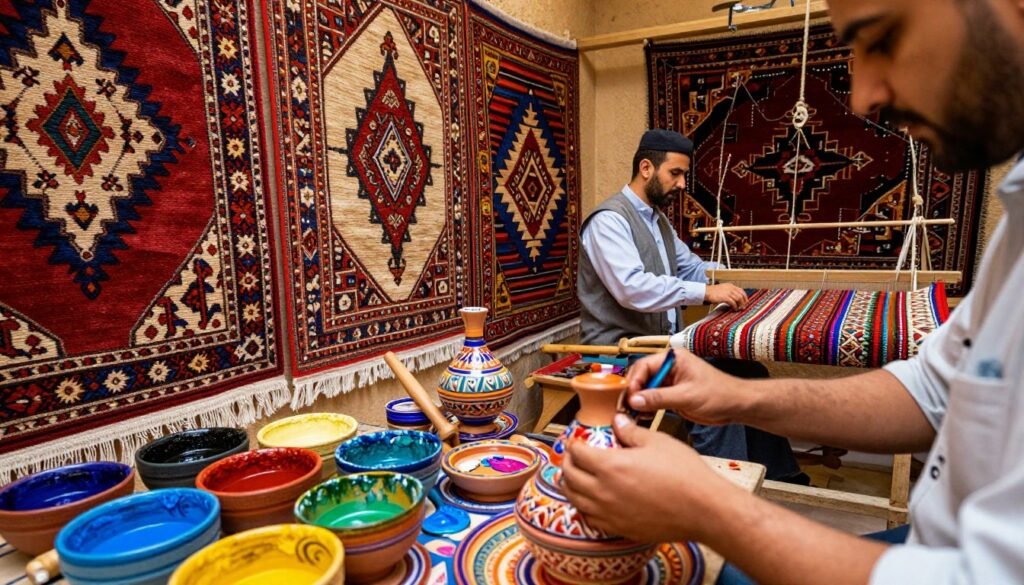 A vibrant Moroccan artisan workshop, showcasing traditional craft techniques. In the foreground, a skilled artisan meticulously creates intricate pottery, their hands covered in colorful glazes. The middle ground features ornate carpets hanging on a rack, showcasing detailed geometric patterns and rich textures. Behind, a craftsman is weaving intricate designs into textiles on a loom, surrounded by vibrant dyes and tools of the trade. Soft, warm lighting illuminates the scene, creating a welcoming and creative atmosphere. The angle is slightly tilted to capture the depth of the workshop, enhancing the rich colors and details of the materials, while the ambiance reflects the passion and innovation in Moroccan craftsmanship. A vibrant Moroccan artisan workshop, showcasing traditional craft techniques. In the foreground, a skilled artisan meticulously creates intricate pottery, their hands covered in colorful glazes. The middle ground features ornate carpets hanging on a rack, showcasing detailed geometric patterns and rich textures. Behind, a craftsman is weaving intricate designs into textiles on a loom, surrounded by vibrant dyes and tools of the trade. Soft, warm lighting illuminates the scene, creating a welcoming and creative atmosphere. The angle is slightly tilted to capture the depth of the workshop, enhancing the rich colors and details of the materials, while the ambiance reflects the passion and innovation in Moroccan craftsmanship.