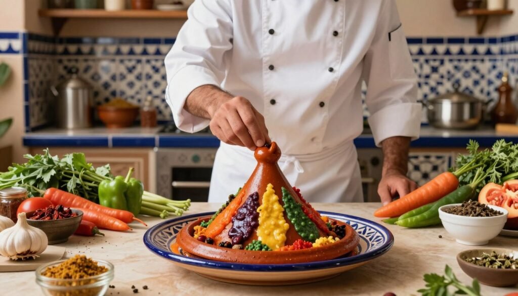 A vibrant Moroccan kitchen scene showcasing innovative culinary reinterpretations of classic Moroccan dishes. In the foreground, a beautifully plated modern dish, like a deconstructed tagine with colorful sauces and garnishes, elegantly arranged on a traditional ceramic plate. In the middle ground, a chef in a crisp white apron, modestly attired, carefully garnishing the dish, surrounded by fresh, colorful ingredients such as aromatic spices, vegetables, and herbs. The background features a rustic kitchen adorned with traditional Moroccan tiles and spices, with soft, warm lighting illuminating the scene, creating an inviting and creative culinary atmosphere. The image should capture the fusion of authentic Moroccan flavors with a modern twist, reflecting innovation and artistry in cooking. A vibrant Moroccan kitchen scene showcasing innovative culinary reinterpretations of classic Moroccan dishes. In the foreground, a beautifully plated modern dish, like a deconstructed tagine with colorful sauces and garnishes, elegantly arranged on a traditional ceramic plate. In the middle ground, a chef in a crisp white apron, modestly attired, carefully garnishing the dish, surrounded by fresh, colorful ingredients such as aromatic spices, vegetables, and herbs. The background features a rustic kitchen adorned with traditional Moroccan tiles and spices, with soft, warm lighting illuminating the scene, creating an inviting and creative culinary atmosphere. The image should capture the fusion of authentic Moroccan flavors with a modern twist, reflecting innovation and artistry in cooking.