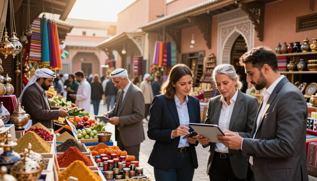 A vibrant Moroccan marketplace scene, featuring colorful stalls filled with spices, textiles, and traditional handicrafts. In the foreground, a diverse group of professionals dressed in business attire examines educational materials on a digital tablet, symbolizing innovation and learning. In the middle ground, local vendors engage with customers, showcasing fresh produce and Moroccan crafts, while a warm, golden sunlight bathes the scene, creating an inviting atmosphere. The background reveals the iconic Moroccan architecture with intricate designs and terracotta hues, hinting at the rich cultural heritage. The image should evoke a sense of collaboration and cultural integration, capturing the essence of the Moroccan market as a place of commerce and education. The angle should be slightly elevated, allowing for a panoramic view that immerses the viewer in this lively environment. A vibrant Moroccan marketplace scene, featuring colorful stalls filled with spices, textiles, and traditional handicrafts. In the foreground, a diverse group of professionals dressed in business attire examines educational materials on a digital tablet, symbolizing innovation and learning. In the middle ground, local vendors engage with customers, showcasing fresh produce and Moroccan crafts, while a warm, golden sunlight bathes the scene, creating an inviting atmosphere. The background reveals the iconic Moroccan architecture with intricate designs and terracotta hues, hinting at the rich cultural heritage. The image should evoke a sense of collaboration and cultural integration, capturing the essence of the Moroccan market as a place of commerce and education. The angle should be slightly elevated, allowing for a panoramic view that immerses the viewer in this lively environment.