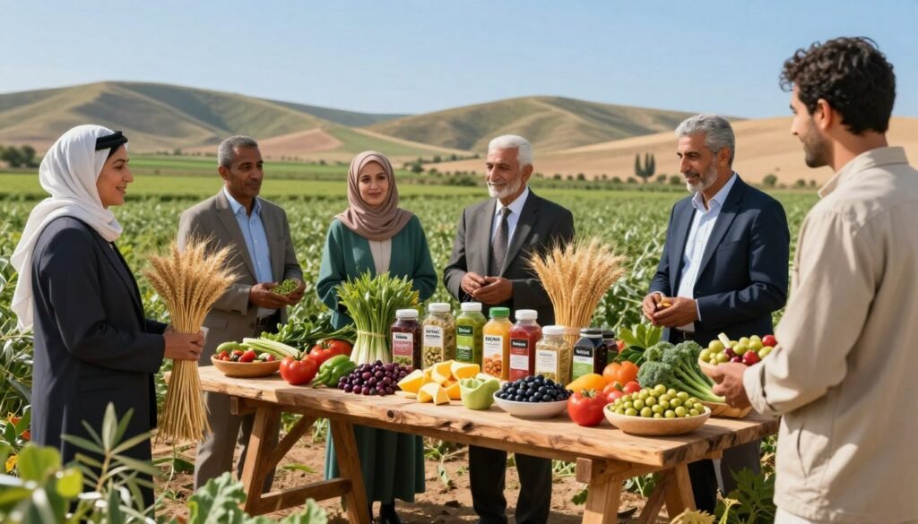 A vibrant agricultural landscape showcasing the essence of food security. In the foreground, a diverse group of farmers, dressed in professional business attire, interact with bountiful crops such as wheat, olives, and vegetables, symbolizing sustainability and local agriculture. In the middle ground, a variety of food products are artistically arranged on a rustic wooden table, emphasizing nourishment and health. The background features rolling hills and a clear blue sky, suggesting a rich and fertile Moroccan landscape. Soft, natural lighting enhances the warm colors of the crops, creating a hopeful and optimistic atmosphere, while a slight depth of field brings focus to the farmers' engaged expressions. The composition conveys a strong message of food sovereignty and the importance of local agriculture. A vibrant agricultural landscape showcasing the essence of food security. In the foreground, a diverse group of farmers, dressed in professional business attire, interact with bountiful crops such as wheat, olives, and vegetables, symbolizing sustainability and local agriculture. In the middle ground, a variety of food products are artistically arranged on a rustic wooden table, emphasizing nourishment and health. The background features rolling hills and a clear blue sky, suggesting a rich and fertile Moroccan landscape. Soft, natural lighting enhances the warm colors of the crops, creating a hopeful and optimistic atmosphere, while a slight depth of field brings focus to the farmers' engaged expressions. The composition conveys a strong message of food sovereignty and the importance of local agriculture.