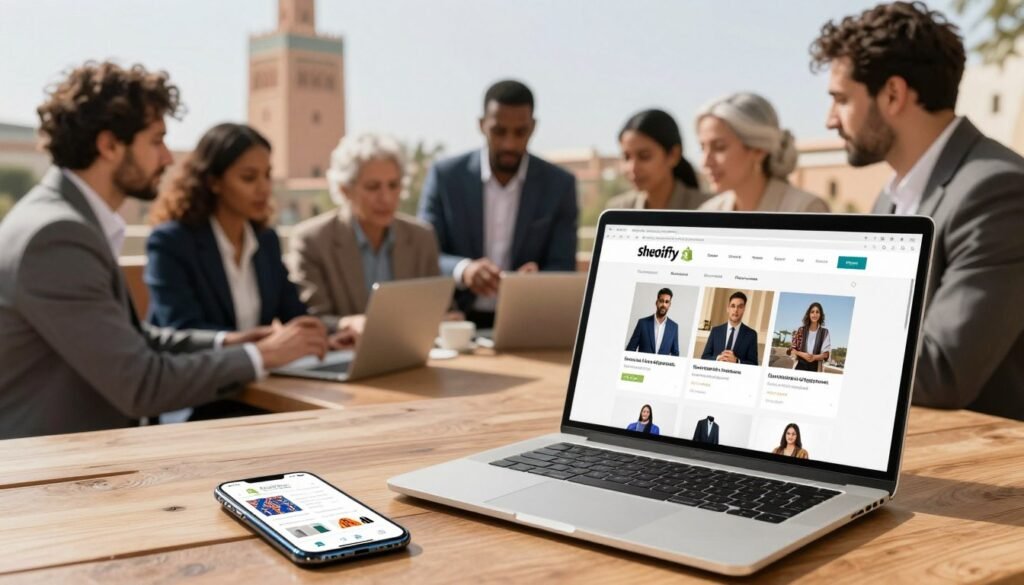 A vibrant and bustling e-commerce scene in Morocco, showcasing a modern online store interface on a sleek laptop, placed on a wooden table. In the foreground, a smartphone displaying a shopping app with traditional Moroccan patterns subtly integrated into the design. In the middle ground, a diverse group of people of various ages, dressed in professional business attire, engaged in discussions, exploring products, and interacting with the technology, embodying a collaborative business atmosphere. The background features iconic Moroccan architecture, like a kasbah, hinting at the cultural context. Bright, natural lighting illuminates the scene, creating an inviting ambiance, emphasizing the accessibility and appeal of Shopify as a leading e-commerce platform. The angle is slightly from above, providing a dynamic perspective of both the people and the technology in use. A vibrant and bustling e-commerce scene in Morocco, showcasing a modern online store interface on a sleek laptop, placed on a wooden table. In the foreground, a smartphone displaying a shopping app with traditional Moroccan patterns subtly integrated into the design. In the middle ground, a diverse group of people of various ages, dressed in professional business attire, engaged in discussions, exploring products, and interacting with the technology, embodying a collaborative business atmosphere. The background features iconic Moroccan architecture, like a kasbah, hinting at the cultural context. Bright, natural lighting illuminates the scene, creating an inviting ambiance, emphasizing the accessibility and appeal of Shopify as a leading e-commerce platform. The angle is slightly from above, providing a dynamic perspective of both the people and the technology in use.
