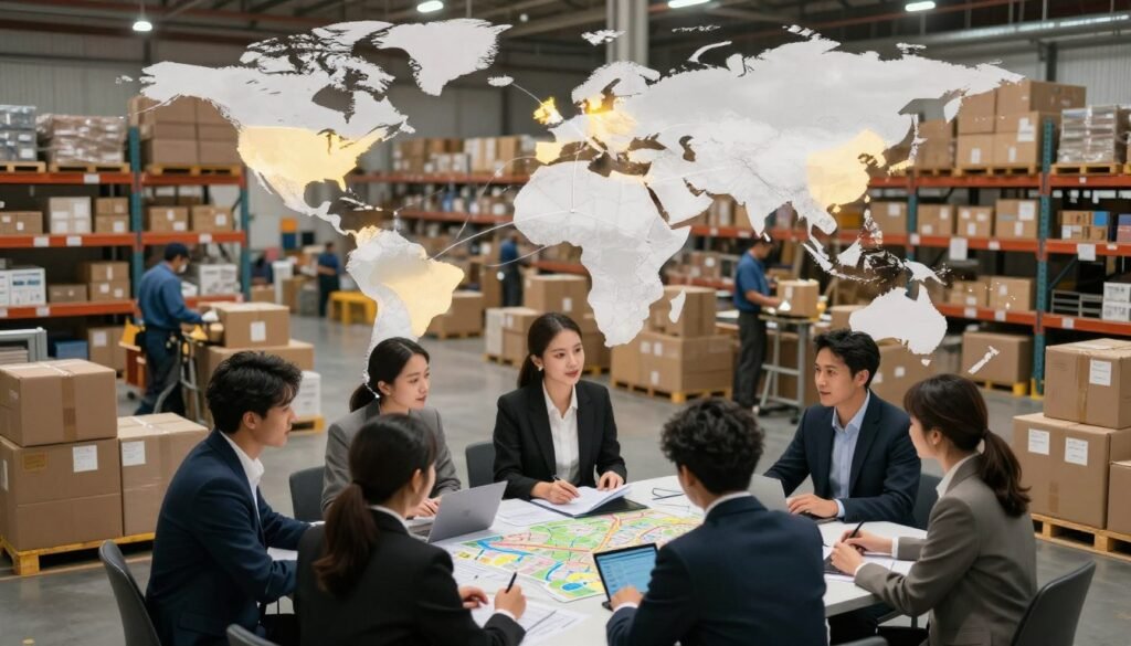 A vibrant and detailed depiction of a global fulfillment network, showcasing interconnected logistics facilities and warehouses around the world. In the foreground, a diverse group of business professionals, dressed in smart business attire, collaboratively discussing a logistics plan over a table with maps and digital devices. The middle section displays a modern warehouse filled with packages, with workers efficiently sorting and organizing shipments. The background features a world map with highlighted paths indicating shipping routes and connections between major cities. Soft, ambient lighting creates a warm atmosphere, while the angle captures a slightly elevated view to emphasize the vastness and interconnectedness of the network. The overall mood is dynamic and innovative, reflecting the efficiency and strategic advantage of global fulfillment in e-commerce. A vibrant and detailed depiction of a global fulfillment network, showcasing interconnected logistics facilities and warehouses around the world. In the foreground, a diverse group of business professionals, dressed in smart business attire, collaboratively discussing a logistics plan over a table with maps and digital devices. The middle section displays a modern warehouse filled with packages, with workers efficiently sorting and organizing shipments. The background features a world map with highlighted paths indicating shipping routes and connections between major cities. Soft, ambient lighting creates a warm atmosphere, while the angle captures a slightly elevated view to emphasize the vastness and interconnectedness of the network. The overall mood is dynamic and innovative, reflecting the efficiency and strategic advantage of global fulfillment in e-commerce.