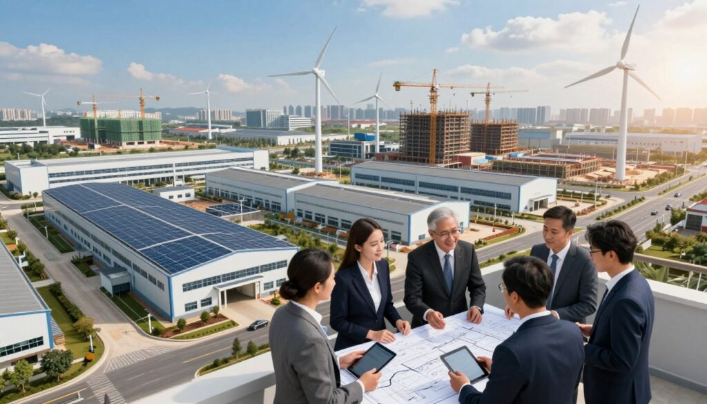 A vibrant and dynamic industrial landscape showcasing the concept of accelerated industrial zones. In the foreground, a diverse group of professionals in business attire engages in a collaborative discussion, surrounded by blueprints and digital tablets. The middle ground features modern factories with eco-friendly designs, solar panels, and wind turbines, symbolizing innovation and sustainability. The background showcases an expansive skyline with cranes and construction sites, indicating rapid development. The scene is bathed in warm, natural sunlight, creating an optimistic and energetic mood. The camera angle is slightly elevated, capturing the breadth of the industrial area and the teamwork below, with a clear blue sky dotted with light clouds, emphasizing growth and potential. A vibrant and dynamic industrial landscape showcasing the concept of accelerated industrial zones. In the foreground, a diverse group of professionals in business attire engages in a collaborative discussion, surrounded by blueprints and digital tablets. The middle ground features modern factories with eco-friendly designs, solar panels, and wind turbines, symbolizing innovation and sustainability. The background showcases an expansive skyline with cranes and construction sites, indicating rapid development. The scene is bathed in warm, natural sunlight, creating an optimistic and energetic mood. The camera angle is slightly elevated, capturing the breadth of the industrial area and the teamwork below, with a clear blue sky dotted with light clouds, emphasizing growth and potential.