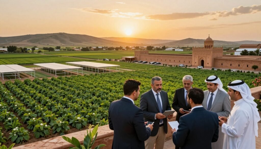 A vibrant and dynamic landscape depicting the future of regional integration in the Moroccan agro-food industry. In the foreground, a diverse group of professionals in business attire collaboratively examining agricultural produce and technology, engaged in discussion, showcasing a blend of modernity and tradition. The middle ground features lush green fields, innovative agro-tech installations, and traditional Moroccan architecture to symbolize harmony between progress and heritage. In the background, the sun sets over distant hills, casting warm, golden light that reflects optimism and growth. The atmosphere is one of collaboration, innovation, and a promising future. The scene is captured from a slightly elevated angle to provide a comprehensive view of the landscape, accentuating depth and engagement in a bustling agricultural setting. A vibrant and dynamic landscape depicting the future of regional integration in the Moroccan agro-food industry. In the foreground, a diverse group of professionals in business attire collaboratively examining agricultural produce and technology, engaged in discussion, showcasing a blend of modernity and tradition. The middle ground features lush green fields, innovative agro-tech installations, and traditional Moroccan architecture to symbolize harmony between progress and heritage. In the background, the sun sets over distant hills, casting warm, golden light that reflects optimism and growth. The atmosphere is one of collaboration, innovation, and a promising future. The scene is captured from a slightly elevated angle to provide a comprehensive view of the landscape, accentuating depth and engagement in a bustling agricultural setting.