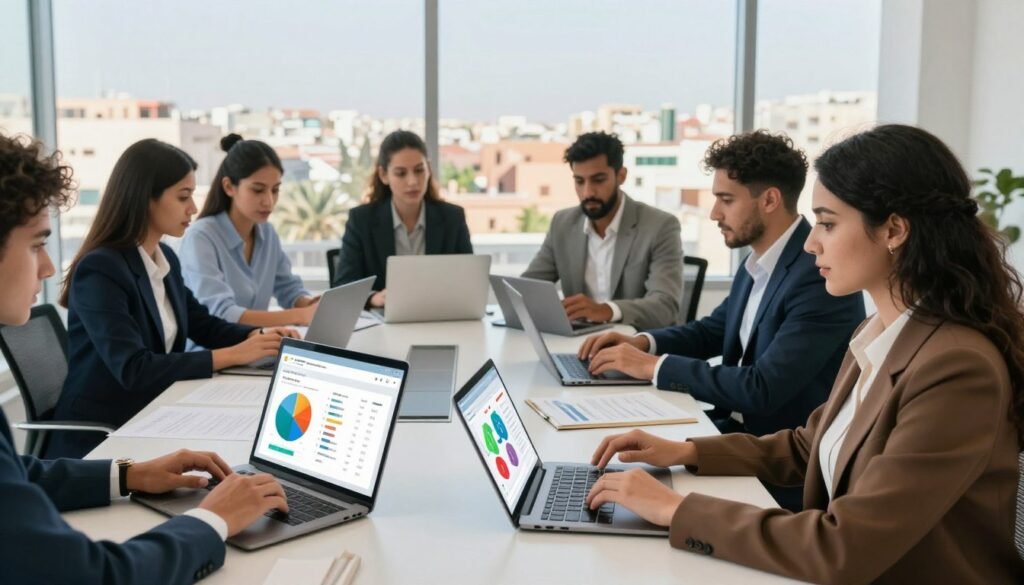 A vibrant and dynamic office scene in Morocco, showcasing a diverse team of professionals deeply engaged in using a time management software on various devices like laptops and tablets. In the foreground, a Moroccan woman in a smart business outfit collaborates with a colleague over a digital interface displaying colorful charts and productivity metrics. In the middle, a group of mixed-gender professionals discusses strategies around a modern conference table, with documents and devices illustrating effective time usage. The background features a large window with a view of a bustling Moroccan cityscape, under natural sunlight, emphasizing a sense of productivity and growth. The atmosphere is energetic and focused, capturing the essence of gaining time and evolving in business. A vibrant and dynamic office scene in Morocco, showcasing a diverse team of professionals deeply engaged in using a time management software on various devices like laptops and tablets. In the foreground, a Moroccan woman in a smart business outfit collaborates with a colleague over a digital interface displaying colorful charts and productivity metrics. In the middle, a group of mixed-gender professionals discusses strategies around a modern conference table, with documents and devices illustrating effective time usage. The background features a large window with a view of a bustling Moroccan cityscape, under natural sunlight, emphasizing a sense of productivity and growth. The atmosphere is energetic and focused, capturing the essence of gaining time and evolving in business.