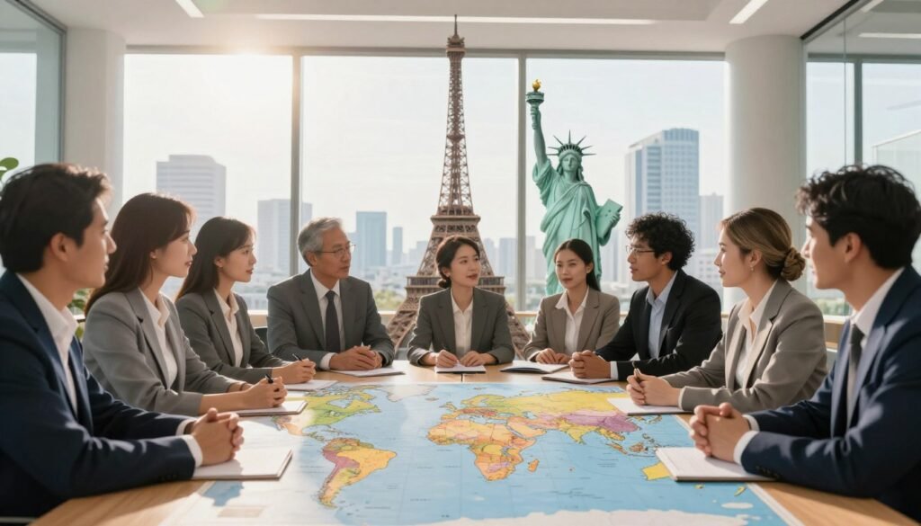 A vibrant and dynamic representation of international relations and strategic partnerships. In the foreground, a diverse group of professionals in business attire, including men and women of various ethnicities, engaged in animated discussions around a world map spread across a conference table. In the middle ground, iconic landmarks symbolizing global cooperation, such as the Eiffel Tower and the Statue of Liberty, subtly blended into the background. The setting is a modern, well-lit office with large windows showcasing a cityscape. Soft, warm lighting creates a welcoming atmosphere, while slight lens flares added for a touch of inspiration. The overall mood is one of collaboration, innovation, and unity in global partnerships. A vibrant and dynamic representation of international relations and strategic partnerships. In the foreground, a diverse group of professionals in business attire, including men and women of various ethnicities, engaged in animated discussions around a world map spread across a conference table. In the middle ground, iconic landmarks symbolizing global cooperation, such as the Eiffel Tower and the Statue of Liberty, subtly blended into the background. The setting is a modern, well-lit office with large windows showcasing a cityscape. Soft, warm lighting creates a welcoming atmosphere, while slight lens flares added for a touch of inspiration. The overall mood is one of collaboration, innovation, and unity in global partnerships.
