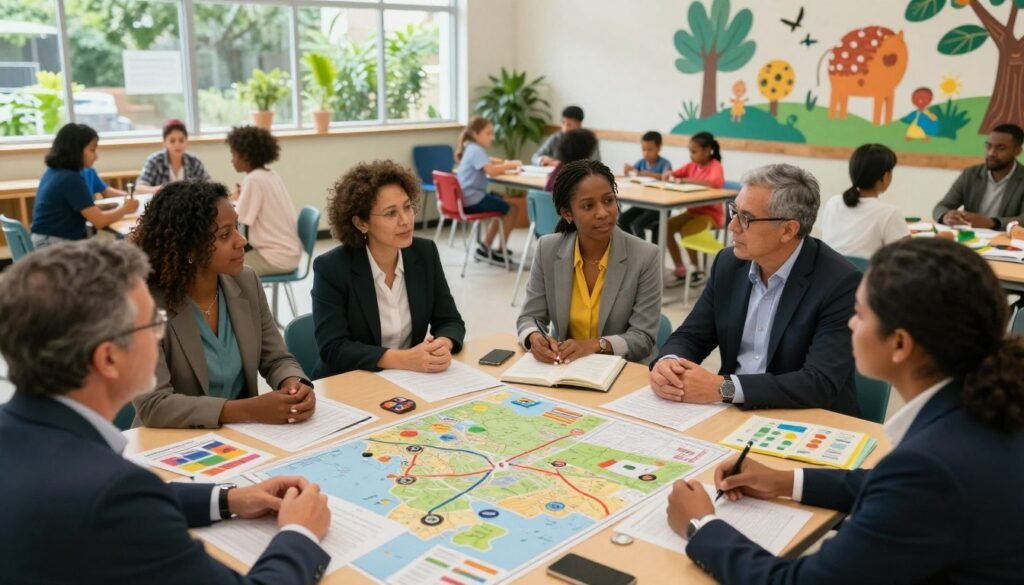 A vibrant and dynamic scene depicting a collaborative meeting among diverse community leaders and educators. In the foreground, a group of individuals in professional business attire engage in an animated discussion around a large table filled with maps and educational resources, symbolizing strategic partnerships. The middle ground features a backdrop of a community center with children and families participating in empowerment activities such as reading and workshops. Lush greenery and colorful murals adorn the walls, highlighting community spirit. Soft, natural lighting filters through large windows, creating an inviting atmosphere. The camera angle is slightly elevated, capturing both the interaction at the table and the activities outside, conveying a sense of unity and collaboration. The overall mood is one of positivity, progress, and empowerment, illustrating the impact of collective efforts on community development. A vibrant and dynamic scene depicting a collaborative meeting among diverse community leaders and educators. In the foreground, a group of individuals in professional business attire engage in an animated discussion around a large table filled with maps and educational resources, symbolizing strategic partnerships. The middle ground features a backdrop of a community center with children and families participating in empowerment activities such as reading and workshops. Lush greenery and colorful murals adorn the walls, highlighting community spirit. Soft, natural lighting filters through large windows, creating an inviting atmosphere. The camera angle is slightly elevated, capturing both the interaction at the table and the activities outside, conveying a sense of unity and collaboration. The overall mood is one of positivity, progress, and empowerment, illustrating the impact of collective efforts on community development.