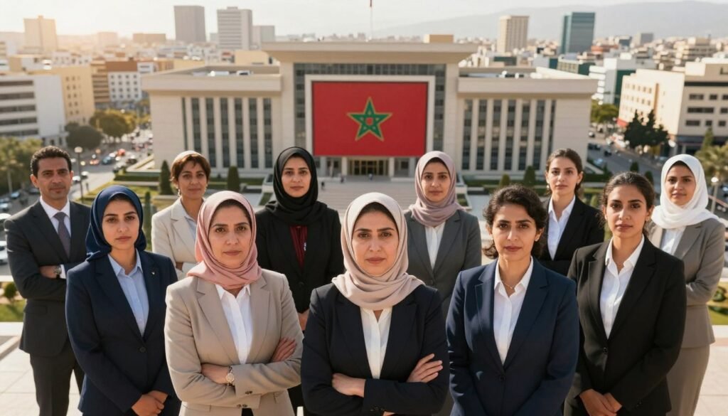 A vibrant and dynamic scene illustrating the theme of gender equality legal reforms in Morocco. In the foreground, a diverse group of professional women and men in business attire stand united, symbolizing collaboration and strength. Their expressions convey determination and hope, showcasing a mix of ethnicities to reflect Morocco's multicultural society. In the middle ground, a grand, modern courthouse is depicted with a large scale model of the Moroccan flag, symbolizing justice and progress. The background features a bustling cityscape, brightening under the warm sunlight, suggesting a hopeful future. Soft, natural lighting emphasizes the optimism and seriousness of the subject matter. The composition is slightly angled from above, offering a broad perspective on the gathering, while maintaining a respectful and professional atmosphere. A vibrant and dynamic scene illustrating the theme of gender equality legal reforms in Morocco. In the foreground, a diverse group of professional women and men in business attire stand united, symbolizing collaboration and strength. Their expressions convey determination and hope, showcasing a mix of ethnicities to reflect Morocco's multicultural society. In the middle ground, a grand, modern courthouse is depicted with a large scale model of the Moroccan flag, symbolizing justice and progress. The background features a bustling cityscape, brightening under the warm sunlight, suggesting a hopeful future. Soft, natural lighting emphasizes the optimism and seriousness of the subject matter. The composition is slightly angled from above, offering a broad perspective on the gathering, while maintaining a respectful and professional atmosphere.
