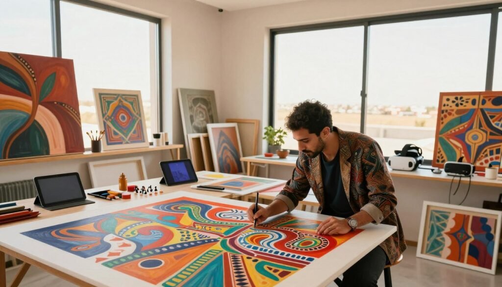 A vibrant and dynamic scene reflecting innovation and artistic creativity, featuring a Moroccan artist in a modern studio. In the foreground, the artist, dressed in stylish yet professional attire, is passionately working on an abstract painting that uses bold colors and intricate patterns. The middle layer showcases various art supplies, canvases, and technological tools like tablets and VR equipment, symbolizing the intersection of traditional and modern art. The background reveals large windows that allow soft, warm daylight to flood the space, creating a cheerful and inspiring atmosphere. The overall mood is one of creativity and exploration, highlighting the evolving nature of artistic practice. Use a wide-angle lens to capture the essence of the studio environment, with a focus on warmth and openness. A vibrant and dynamic scene reflecting innovation and artistic creativity, featuring a Moroccan artist in a modern studio. In the foreground, the artist, dressed in stylish yet professional attire, is passionately working on an abstract painting that uses bold colors and intricate patterns. The middle layer showcases various art supplies, canvases, and technological tools like tablets and VR equipment, symbolizing the intersection of traditional and modern art. The background reveals large windows that allow soft, warm daylight to flood the space, creating a cheerful and inspiring atmosphere. The overall mood is one of creativity and exploration, highlighting the evolving nature of artistic practice. Use a wide-angle lens to capture the essence of the studio environment, with a focus on warmth and openness.