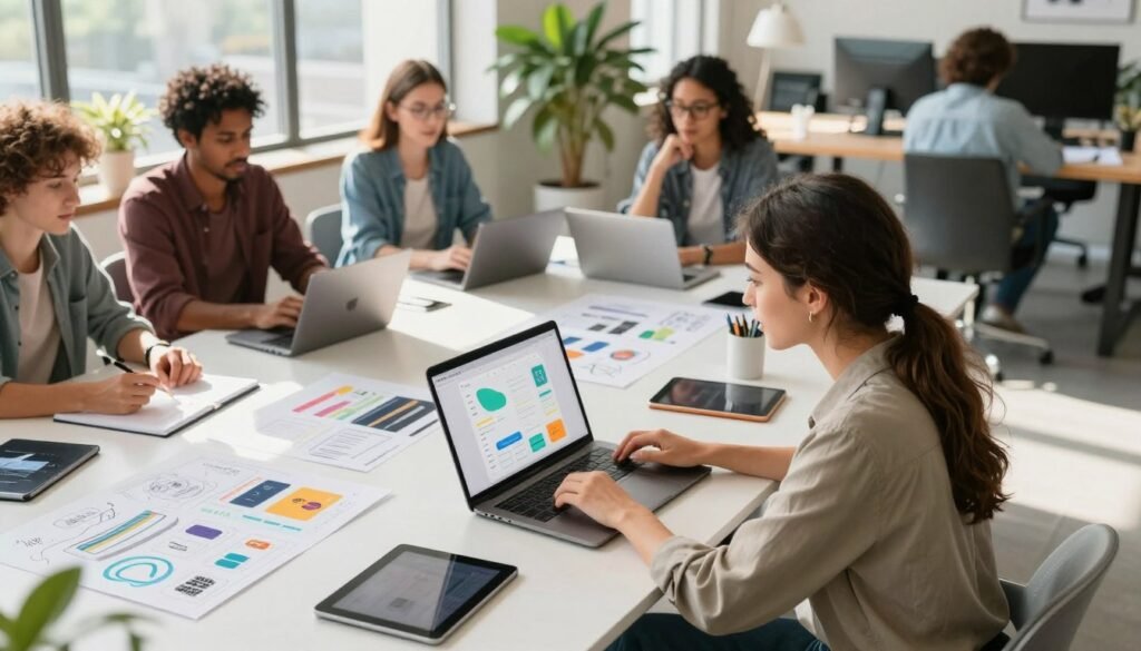 A vibrant and dynamic workspace depicting a diverse group of professionals collaborating on web app designs using Bubble.io. In the foreground, a focused woman in smart casual attire is demonstrating her app on a laptop, showcasing colorful user interfaces on the screen. The middle ground features a modern conference table cluttered with digital tablets and sketchboards covered in app development notes and vibrant designs. In the background, large windows let in bright, natural light, illuminating a contemporary office space with modern furnishings and greenery. The atmosphere conveys a sense of innovation and creativity, emphasizing teamwork and exciting digital possibilities. The angle is slightly elevated, providing a comprehensive view of the collaborative effort and tools in use, casting soft shadows that enhance the details of this bustling environment. A vibrant and dynamic workspace depicting a diverse group of professionals collaborating on web app designs using Bubble.io. In the foreground, a focused woman in smart casual attire is demonstrating her app on a laptop, showcasing colorful user interfaces on the screen. The middle ground features a modern conference table cluttered with digital tablets and sketchboards covered in app development notes and vibrant designs. In the background, large windows let in bright, natural light, illuminating a contemporary office space with modern furnishings and greenery. The atmosphere conveys a sense of innovation and creativity, emphasizing teamwork and exciting digital possibilities. The angle is slightly elevated, providing a comprehensive view of the collaborative effort and tools in use, casting soft shadows that enhance the details of this bustling environment.
