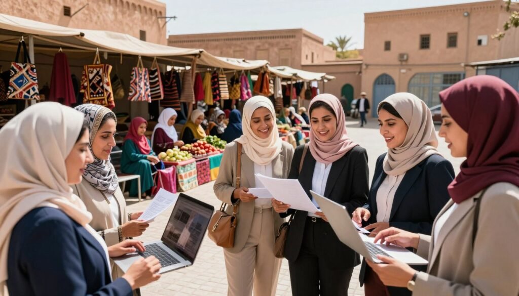 A vibrant and empowering scene depicting Moroccan women engaged in various economic activities, symbolizing economic empowerment and gender equality. In the foreground, a diverse group of women in professional attire, showcasing unity and collaboration, are discussing business ideas with laptops and papers in hand. In the middle ground, a small market setting highlights women selling handmade crafts and produce, representing entrepreneurship. In the background, traditional Moroccan architecture contrasts with modern elements, illustrating the blend of culture and progress. The atmosphere is bright and hopeful, emphasizing a sunny day with warm lighting that conveys optimism and opportunity. The angle is slightly elevated, capturing the dynamism and energy of these women working together for a sustainable future. A vibrant and empowering scene depicting Moroccan women engaged in various economic activities, symbolizing economic empowerment and gender equality. In the foreground, a diverse group of women in professional attire, showcasing unity and collaboration, are discussing business ideas with laptops and papers in hand. In the middle ground, a small market setting highlights women selling handmade crafts and produce, representing entrepreneurship. In the background, traditional Moroccan architecture contrasts with modern elements, illustrating the blend of culture and progress. The atmosphere is bright and hopeful, emphasizing a sunny day with warm lighting that conveys optimism and opportunity. The angle is slightly elevated, capturing the dynamism and energy of these women working together for a sustainable future.
