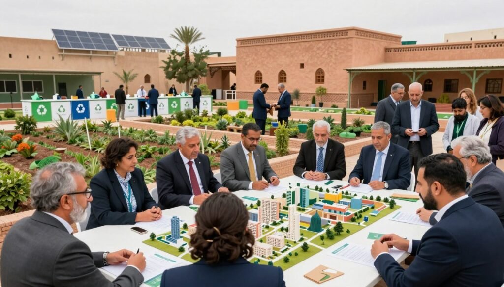 A vibrant and engaging scene illustrating regional circular economy initiatives in Morocco. In the foreground, a diverse group of professionals in business attire collaborates around a large table filled with eco-friendly materials and models of sustainable city designs. In the middle ground, visible community gardens and recycling stations demonstrate local efforts in sustainability, with people actively engaging in eco-friendly practices. The background features picturesque Moroccan architecture, blending traditional and modern designs, with solar panels and greenery integrated into the buildings. Soft natural lighting enhances the atmosphere, creating a hopeful and energetic mood, suggesting innovation and community collaboration in fostering a circular economy. The angle captures a slightly elevated perspective for depth in the composition. A vibrant and engaging scene illustrating regional circular economy initiatives in Morocco. In the foreground, a diverse group of professionals in business attire collaborates around a large table filled with eco-friendly materials and models of sustainable city designs. In the middle ground, visible community gardens and recycling stations demonstrate local efforts in sustainability, with people actively engaging in eco-friendly practices. The background features picturesque Moroccan architecture, blending traditional and modern designs, with solar panels and greenery integrated into the buildings. Soft natural lighting enhances the atmosphere, creating a hopeful and energetic mood, suggesting innovation and community collaboration in fostering a circular economy. The angle captures a slightly elevated perspective for depth in the composition.