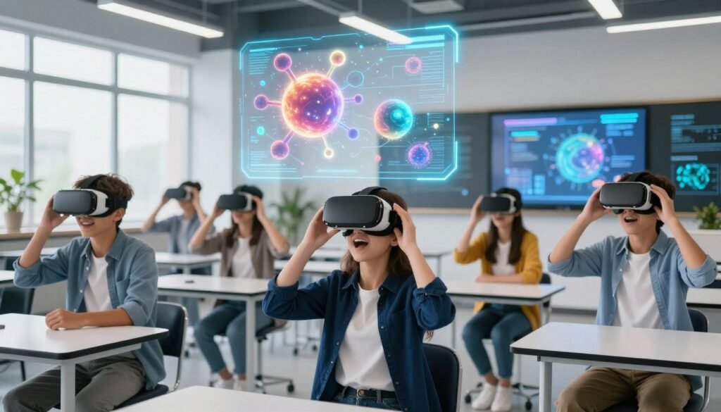 A vibrant and engaging virtual reality science lesson taking place in a modern classroom. In the foreground, a diverse group of students (dressed in smart casual attire) are using VR headsets, their expressions filled with curiosity and excitement. In the middle ground, floating holographic displays showcase complex scientific models, like molecules and celestial bodies, glowing with bright colors. The background features a high-tech classroom with sleek furniture, large windows allowing natural light to flood in, and interactive screens displaying scientific data. The lighting should be bright and dynamic, creating a sense of innovation and discovery. The atmosphere is one of enthusiasm and engagement, as students explore the wonders of science through cutting-edge technology. A vibrant and engaging virtual reality science lesson taking place in a modern classroom. In the foreground, a diverse group of students (dressed in smart casual attire) are using VR headsets, their expressions filled with curiosity and excitement. In the middle ground, floating holographic displays showcase complex scientific models, like molecules and celestial bodies, glowing with bright colors. The background features a high-tech classroom with sleek furniture, large windows allowing natural light to flood in, and interactive screens displaying scientific data. The lighting should be bright and dynamic, creating a sense of innovation and discovery. The atmosphere is one of enthusiasm and engagement, as students explore the wonders of science through cutting-edge technology.