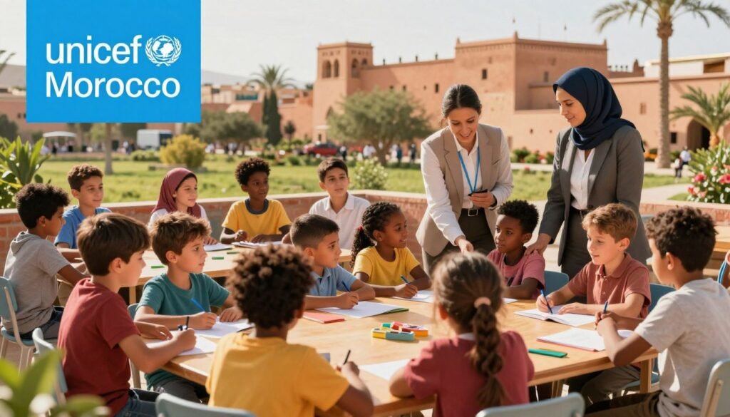 A vibrant and informative illustration depicting the essence of UNICEF Morocco and its programs. In the foreground, a group of diverse children of various ages and ethnic backgrounds are engaged in educational activities, showcasing harmony and cooperation. The middle layer highlights dedicated UNICEF staff, dressed in professional attire, actively interacting with the children, embodying support and guidance. In the background, a picturesque Moroccan landscape is visible, featuring traditional architecture and lush greenery, symbolizing the cultural richness of the region. The lighting is warm and inviting, suggesting a hopeful and nurturing atmosphere. Use a slightly angled perspective to enhance the depth of the scene, focusing on the interaction and engagement among the participants, conveying a message of empowerment and community development. A vibrant and informative illustration depicting the essence of UNICEF Morocco and its programs. In the foreground, a group of diverse children of various ages and ethnic backgrounds are engaged in educational activities, showcasing harmony and cooperation. The middle layer highlights dedicated UNICEF staff, dressed in professional attire, actively interacting with the children, embodying support and guidance. In the background, a picturesque Moroccan landscape is visible, featuring traditional architecture and lush greenery, symbolizing the cultural richness of the region. The lighting is warm and inviting, suggesting a hopeful and nurturing atmosphere. Use a slightly angled perspective to enhance the depth of the scene, focusing on the interaction and engagement among the participants, conveying a message of empowerment and community development.