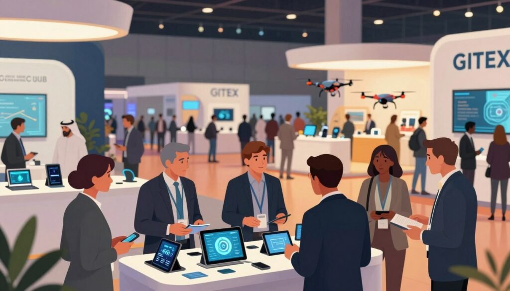 A vibrant and informative illustration of the historical GITEX event set in a modern exhibition hall. In the foreground, diverse professionals in business attire engage in discussions while examining cutting-edge tech displays, featuring tablets and interactive screens. The middle layer showcases a bustling crowd, with booths showcasing innovative products, like drones and AI technology, under soft, warm lighting that creates an inviting atmosphere. In the background, large banners exhibit the GITEX logo, surrounded by sleek architectural elements of the venue. The scene captures a sense of excitement and collaboration, reflecting the theme of technological innovation, with a dynamic depth of field to highlight key elements and a professional ambiance. A vibrant and informative illustration of the historical GITEX event set in a modern exhibition hall. In the foreground, diverse professionals in business attire engage in discussions while examining cutting-edge tech displays, featuring tablets and interactive screens. The middle layer showcases a bustling crowd, with booths showcasing innovative products, like drones and AI technology, under soft, warm lighting that creates an inviting atmosphere. In the background, large banners exhibit the GITEX logo, surrounded by sleek architectural elements of the venue. The scene captures a sense of excitement and collaboration, reflecting the theme of technological innovation, with a dynamic depth of field to highlight key elements and a professional ambiance.