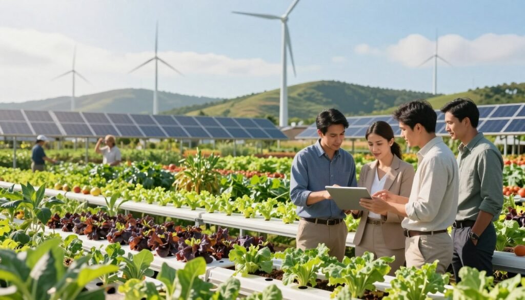 A vibrant and innovative agricultural landscape showcasing sustainable farming practices. In the foreground, a diverse group of professionals in modest business attire collaborate over a digital tablet, analyzing data against a backdrop of vertical gardens and solar panels. The middle layer features lush, organic crops, including fruits and vegetables, cultivated using advanced techniques like hydroponics and permaculture. The background presents rolling hills dotted with wind turbines and a clear blue sky, conveying a sense of harmony between nature and technology. Soft sunlight bathes the scene, enhancing the warm, inviting atmosphere, while a shallow depth of field focuses attention on the people and the innovative agricultural tools they utilize, symbolizing a bright future in sustainable development. A vibrant and innovative agricultural landscape showcasing sustainable farming practices. In the foreground, a diverse group of professionals in modest business attire collaborate over a digital tablet, analyzing data against a backdrop of vertical gardens and solar panels. The middle layer features lush, organic crops, including fruits and vegetables, cultivated using advanced techniques like hydroponics and permaculture. The background presents rolling hills dotted with wind turbines and a clear blue sky, conveying a sense of harmony between nature and technology. Soft sunlight bathes the scene, enhancing the warm, inviting atmosphere, while a shallow depth of field focuses attention on the people and the innovative agricultural tools they utilize, symbolizing a bright future in sustainable development.