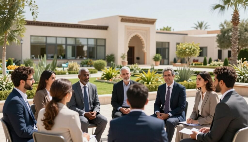 A vibrant and inspiring image depicting the essence of the Lalla Salma Foundation. In the foreground, a diverse group of individuals in professional business attire engaged in a discussion, symbolizing collaboration and commitment to improving health in Morocco. In the middle ground, a well-designed, modern healthcare facility featuring elements of traditional Moroccan architecture, illustrating the blend of modernity and culture. In the background, a lush garden filled with native Moroccan plants, under bright, natural sunlight, creating an inviting and hopeful atmosphere. The composition should have a balanced depth of field, focusing on the individuals while softly blurring the facility and garden background, conveying a sense of purpose and community wellness. A vibrant and inspiring image depicting the essence of the Lalla Salma Foundation. In the foreground, a diverse group of individuals in professional business attire engaged in a discussion, symbolizing collaboration and commitment to improving health in Morocco. In the middle ground, a well-designed, modern healthcare facility featuring elements of traditional Moroccan architecture, illustrating the blend of modernity and culture. In the background, a lush garden filled with native Moroccan plants, under bright, natural sunlight, creating an inviting and hopeful atmosphere. The composition should have a balanced depth of field, focusing on the individuals while softly blurring the facility and garden background, conveying a sense of purpose and community wellness.