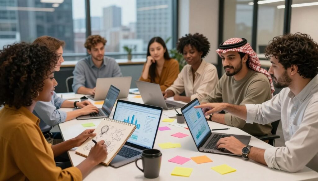 A vibrant and inspiring scene depicting a diverse group of entrepreneurs gathered around a table, engaged in a brainstorming session. In the foreground, a woman of African descent holds a notepad with lively sketches, while a Middle-Eastern man points at a digital screen displaying charts and graphs. The middle section shows an array of laptops, coffee mugs, and colorful sticky notes sprawled across the table, symbolizing creativity and collaboration. In the background, a well-lit office space with large windows reflects a city skyline, enhancing the modern, dynamic atmosphere. The lighting is warm and inviting, suggesting optimism and success, captured from a slightly elevated angle to encapsulate the entire scene. A vibrant and inspiring scene depicting a diverse group of entrepreneurs gathered around a table, engaged in a brainstorming session. In the foreground, a woman of African descent holds a notepad with lively sketches, while a Middle-Eastern man points at a digital screen displaying charts and graphs. The middle section shows an array of laptops, coffee mugs, and colorful sticky notes sprawled across the table, symbolizing creativity and collaboration. In the background, a well-lit office space with large windows reflects a city skyline, enhancing the modern, dynamic atmosphere. The lighting is warm and inviting, suggesting optimism and success, captured from a slightly elevated angle to encapsulate the entire scene.