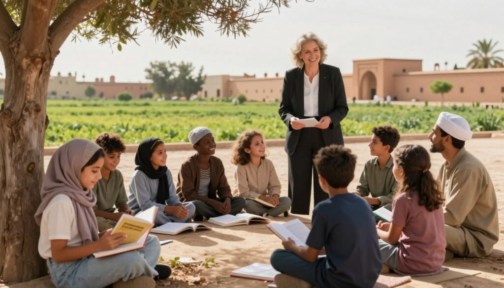A vibrant and inspiring scene depicting the journey and impact of Fondation Zakoura, showcasing a diverse group of individuals of different ages and backgrounds engaged in educational activities. In the foreground, a young girl reads a book under the shade of a tree, representing hope and learning. The middle ground features a friendly teacher explaining concepts to a small group of eager students, all smiling and focused. The background captures a sunlit Moroccan landscape, with traditional architecture and lush green fields, symbolizing growth and development. The atmosphere is warm and uplifting, with soft, golden lighting to evoke positivity and inspiration. The image should reflect professionalism, with all individuals dressed in modest, professional attire. A vibrant and inspiring scene depicting the journey and impact of Fondation Zakoura, showcasing a diverse group of individuals of different ages and backgrounds engaged in educational activities. In the foreground, a young girl reads a book under the shade of a tree, representing hope and learning. The middle ground features a friendly teacher explaining concepts to a small group of eager students, all smiling and focused. The background captures a sunlit Moroccan landscape, with traditional architecture and lush green fields, symbolizing growth and development. The atmosphere is warm and uplifting, with soft, golden lighting to evoke positivity and inspiration. The image should reflect professionalism, with all individuals dressed in modest, professional attire.
