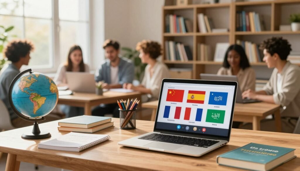 A vibrant and inviting study space illustrating various languages available on italki. In the foreground, a stylish wooden desk with a laptop open, displaying language flags like Mandarin Chinese, Spanish, French, and Arabic on the screen. A globe and language learning books are scattered around, emphasizing cultural diversity. In the middle, a diverse group of people engaged in virtual language lessons, wearing professional and casual attire, creating a collaborative atmosphere. The background features a cozy bookshelf filled with books in different languages and a large window letting in warm, natural sunlight. The scene conveys a sense of enthusiasm for learning and connection across cultures, with a soft focus that enhances the inviting mood. A vibrant and inviting study space illustrating various languages available on italki. In the foreground, a stylish wooden desk with a laptop open, displaying language flags like Mandarin Chinese, Spanish, French, and Arabic on the screen. A globe and language learning books are scattered around, emphasizing cultural diversity. In the middle, a diverse group of people engaged in virtual language lessons, wearing professional and casual attire, creating a collaborative atmosphere. The background features a cozy bookshelf filled with books in different languages and a large window letting in warm, natural sunlight. The scene conveys a sense of enthusiasm for learning and connection across cultures, with a soft focus that enhances the inviting mood.