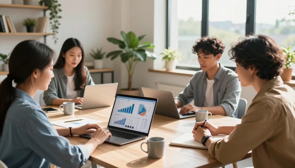 A vibrant and modern workspace illustrating remote team productivity. In the foreground, a diverse group of four professionals, dressed in business casual attire, engaged in a video conference on a sleek laptop, displaying graphs and charts on the screen. The middle ground features a bright, well-organized home office environment with plants, bookshelves, and coffee mugs, fostering a productive atmosphere. In the background, a large window revealing a sunny outdoor landscape, enhancing the sense of openness and creativity. Soft, natural lighting fills the scene, casting warm shadows. The mood is focused yet collaborative, embodying the essence of teamwork in a remote setting, showcasing the tools and technologies enabling effective communication and productivity. A vibrant and modern workspace illustrating remote team productivity. In the foreground, a diverse group of four professionals, dressed in business casual attire, engaged in a video conference on a sleek laptop, displaying graphs and charts on the screen. The middle ground features a bright, well-organized home office environment with plants, bookshelves, and coffee mugs, fostering a productive atmosphere. In the background, a large window revealing a sunny outdoor landscape, enhancing the sense of openness and creativity. Soft, natural lighting fills the scene, casting warm shadows. The mood is focused yet collaborative, embodying the essence of teamwork in a remote setting, showcasing the tools and technologies enabling effective communication and productivity.