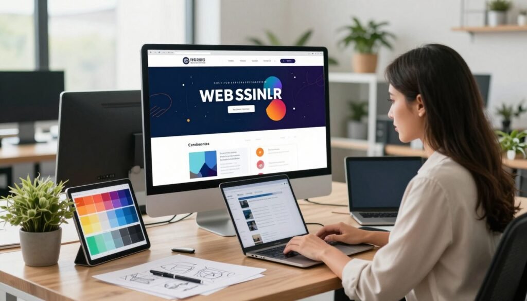 A vibrant and modern workspace showcasing the creation of a custom website design. In the foreground, a professional woman in modest business attire is intently focused on her laptop, surrounded by design tools like color palettes, sketches, and digital tablets. In the middle, a large screen displays a visually appealing website layout with striking graphics and organized sections. The background features a sleek office environment with contemporary decor, soft natural light streaming through large windows, and potted plants adding a touch of greenery. The overall atmosphere is one of creativity, innovation, and productivity, highlighting the benefits of using a no-code platform for web design. The image captures the essence of modern web creation without any text or distractions. A vibrant and modern workspace showcasing the creation of a custom website design. In the foreground, a professional woman in modest business attire is intently focused on her laptop, surrounded by design tools like color palettes, sketches, and digital tablets. In the middle, a large screen displays a visually appealing website layout with striking graphics and organized sections. The background features a sleek office environment with contemporary decor, soft natural light streaming through large windows, and potted plants adding a touch of greenery. The overall atmosphere is one of creativity, innovation, and productivity, highlighting the benefits of using a no-code platform for web design. The image captures the essence of modern web creation without any text or distractions.