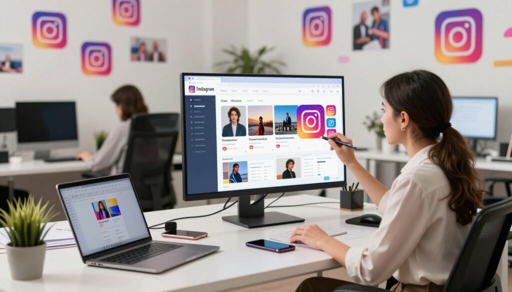 A vibrant and modern workspace showcasing the functionalities of a marketing platform specifically designed for Instagram. In the foreground, a professional businesswoman, dressed in smart casual attire, is actively engaging with a large digital screen displaying analytics, campaign graphics, and Instagram posts. The middle ground features sleek, organized desks with laptops, smartphones, and marketing materials. In the background, a wall adorned with colorful Instagram inspired motifs, photography, and brand logos emphasizes creativity and business growth. The lighting is bright and inviting, with soft shadows creating a dynamic atmosphere. Capture the essence of innovation, collaboration, and digital marketing success, representing the powerful tools available on the platform. A vibrant and modern workspace showcasing the functionalities of a marketing platform specifically designed for Instagram. In the foreground, a professional businesswoman, dressed in smart casual attire, is actively engaging with a large digital screen displaying analytics, campaign graphics, and Instagram posts. The middle ground features sleek, organized desks with laptops, smartphones, and marketing materials. In the background, a wall adorned with colorful Instagram inspired motifs, photography, and brand logos emphasizes creativity and business growth. The lighting is bright and inviting, with soft shadows creating a dynamic atmosphere. Capture the essence of innovation, collaboration, and digital marketing success, representing the powerful tools available on the platform.