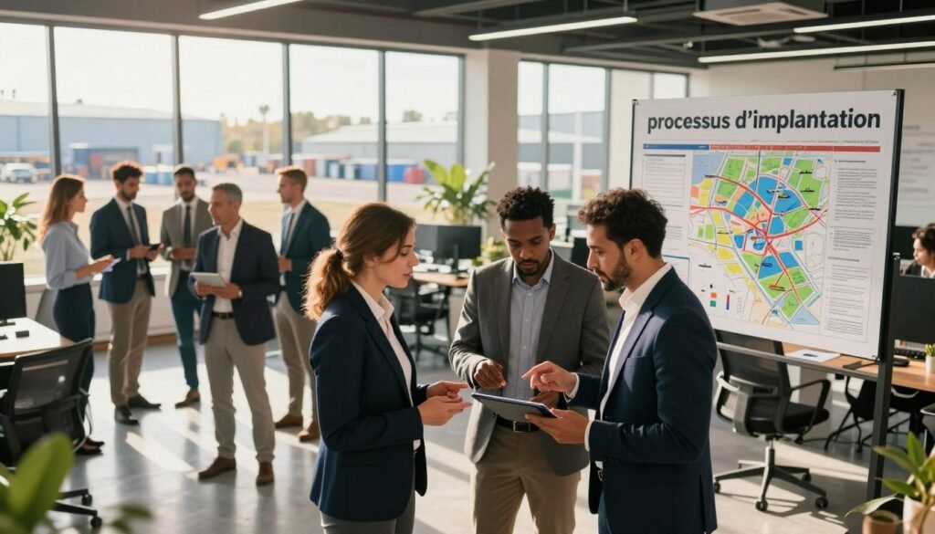 A vibrant and professional scene depicting the "processus d'implantation" in a Moroccan Free Zone. In the foreground, a diverse group of business professionals, dressed in smart business attire, passionately discussing plans over a digital tablet. In the middle ground, an open modern office space filled with large windows allowing sunlight to pour in, showcasing maps and charts relevant to business opportunities in the free zone. In the background, clear views of industrial buildings and logistics infrastructure symbolize growth and collaboration. The atmosphere is energetic and inspiring, with warm lighting emphasizing innovation and partnership. Capture this dynamic moment from an angle that highlights both the professionals and the expansive workspace, ensuring a focus on the collaborative spirit of the implantation process. A vibrant and professional scene depicting the "processus d'implantation" in a Moroccan Free Zone. In the foreground, a diverse group of business professionals, dressed in smart business attire, passionately discussing plans over a digital tablet. In the middle ground, an open modern office space filled with large windows allowing sunlight to pour in, showcasing maps and charts relevant to business opportunities in the free zone. In the background, clear views of industrial buildings and logistics infrastructure symbolize growth and collaboration. The atmosphere is energetic and inspiring, with warm lighting emphasizing innovation and partnership. Capture this dynamic moment from an angle that highlights both the professionals and the expansive workspace, ensuring a focus on the collaborative spirit of the implantation process.