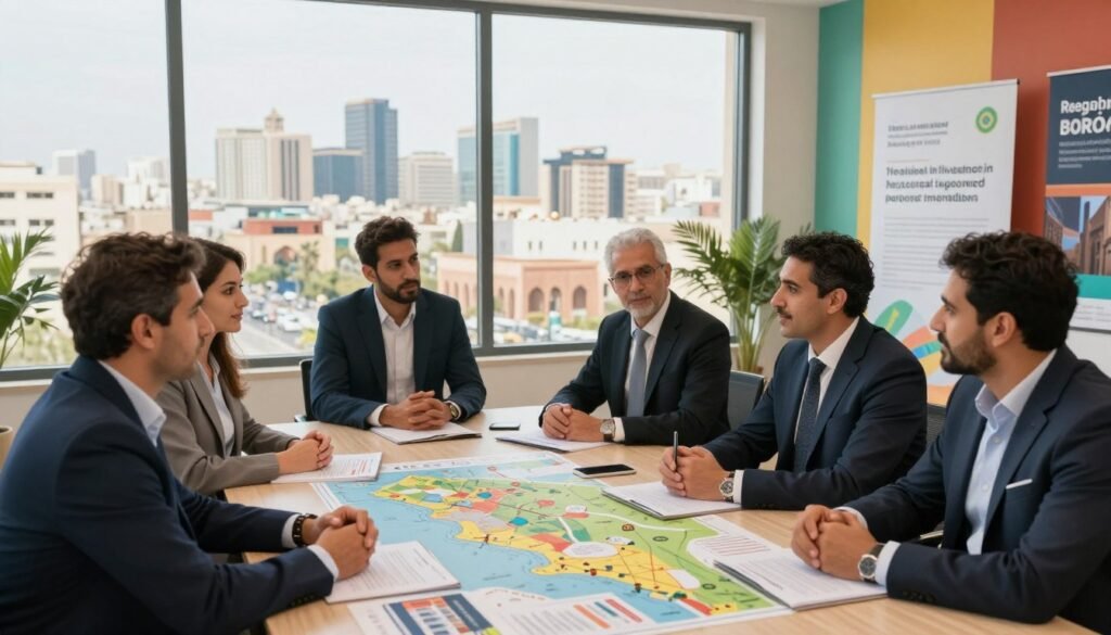 A vibrant business meeting scene focused on regional investment opportunities in Morocco. In the foreground, a diverse group of professionals in smart business attire is engaged in a lively discussion around a large table featuring maps and investment charts. The middle ground showcases a large window displaying the urban skyline of a Moroccan city, with hints of traditional architecture blending into modern buildings. The background features a colorful wall with a promotional poster for regional investment initiatives. Soft, natural lighting filters through the window, creating an inviting atmosphere. The image conveys a mood of optimism and collaboration, reflecting dynamic regional developments and opportunities for investment in Morocco. A vibrant business meeting scene focused on regional investment opportunities in Morocco. In the foreground, a diverse group of professionals in smart business attire is engaged in a lively discussion around a large table featuring maps and investment charts. The middle ground showcases a large window displaying the urban skyline of a Moroccan city, with hints of traditional architecture blending into modern buildings. The background features a colorful wall with a promotional poster for regional investment initiatives. Soft, natural lighting filters through the window, creating an inviting atmosphere. The image conveys a mood of optimism and collaboration, reflecting dynamic regional developments and opportunities for investment in Morocco.