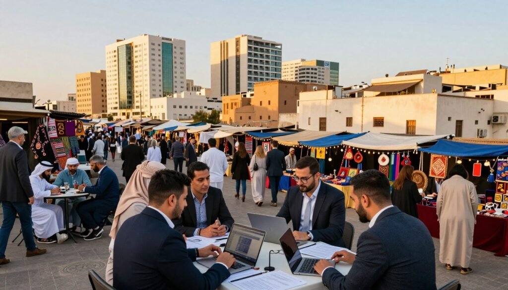 A vibrant cityscape of Casablanca, Morocco, showcasing economic and social impacts through bustling markets and modern startups. In the foreground, a group of diverse entrepreneurs in professional business attire discuss innovative ideas around a table filled with technology and documents. The middle ground features local artisans selling handmade goods, symbolizing cultural richness and community spirit. In the background, a skyline of contemporary buildings interspersed with traditional Moroccan architecture, bathed in the golden light of sunset, conveys hope and progress. The scene is dynamic and uplifting, emphasizing collaboration and growth within the community. The angle should be slightly elevated to capture both detail and scope, focusing on the lively interactions and the harmonious blend of tradition and modernity. A vibrant cityscape of Casablanca, Morocco, showcasing economic and social impacts through bustling markets and modern startups. In the foreground, a group of diverse entrepreneurs in professional business attire discuss innovative ideas around a table filled with technology and documents. The middle ground features local artisans selling handmade goods, symbolizing cultural richness and community spirit. In the background, a skyline of contemporary buildings interspersed with traditional Moroccan architecture, bathed in the golden light of sunset, conveys hope and progress. The scene is dynamic and uplifting, emphasizing collaboration and growth within the community. The angle should be slightly elevated to capture both detail and scope, focusing on the lively interactions and the harmonious blend of tradition and modernity.