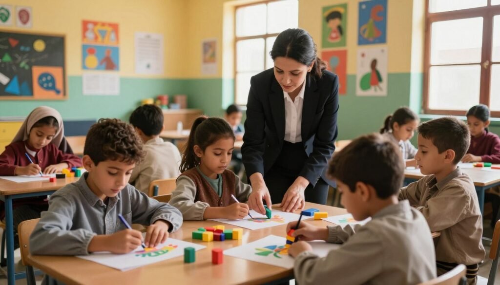 A vibrant classroom scene in Morocco, showcasing children engaged in learning activities. In the foreground, a diverse group of children, wearing modest casual clothing, are actively participating in a hands-on educational project, such as painting or building with blocks. The middle ground features a compassionate teacher, dressed in professional attire, guiding the students with enthusiasm. The background reveals the colorful walls of the classroom adorned with educational posters and art created by the children, enhancing the atmosphere of creativity and learning. Soft, warm lighting filters in through windows, casting a welcoming glow that fosters a positive mood. The angle captures the interaction between students and the teacher, emphasizing collaboration and community development in education. A vibrant classroom scene in Morocco, showcasing children engaged in learning activities. In the foreground, a diverse group of children, wearing modest casual clothing, are actively participating in a hands-on educational project, such as painting or building with blocks. The middle ground features a compassionate teacher, dressed in professional attire, guiding the students with enthusiasm. The background reveals the colorful walls of the classroom adorned with educational posters and art created by the children, enhancing the atmosphere of creativity and learning. Soft, warm lighting filters in through windows, casting a welcoming glow that fosters a positive mood. The angle captures the interaction between students and the teacher, emphasizing collaboration and community development in education.