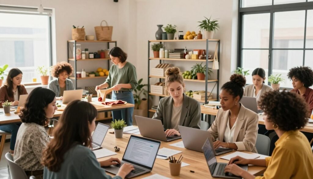 A vibrant co-working space filled with women of diverse backgrounds engaged in income-generating activities. In the foreground, a group of women in professional attire collaborates over a business plan, surrounded by laptops and notes. The middle ground features a small workshop area where one woman demonstrates a craft, while another takes notes, emphasizing skill development. In the background, shelves display handmade goods and produce, symbolizing entrepreneurship. Soft, natural lighting floods the room through large windows, casting a warm glow that fosters a sense of community and empowerment. The atmosphere is one of collaboration, hope, and resilience, encapsulating the spirit of women's economic support initiatives. A vibrant co-working space filled with women of diverse backgrounds engaged in income-generating activities. In the foreground, a group of women in professional attire collaborates over a business plan, surrounded by laptops and notes. The middle ground features a small workshop area where one woman demonstrates a craft, while another takes notes, emphasizing skill development. In the background, shelves display handmade goods and produce, symbolizing entrepreneurship. Soft, natural lighting floods the room through large windows, casting a warm glow that fosters a sense of community and empowerment. The atmosphere is one of collaboration, hope, and resilience, encapsulating the spirit of women's economic support initiatives.