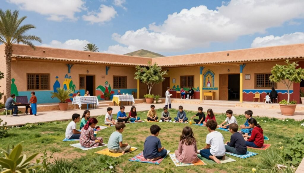 A vibrant community center for children in Morocco, featuring a welcoming exterior with warm earth-toned walls and colorful murals depicting local culture. In the foreground, a diverse group of children playing joyfully on a grassy area, dressed in modest casual clothing, showcasing their creativity and teamwork. The middle ground includes structures designed for various activities like art and music, surrounded by lush plants and trees that create a lively atmosphere. The background reveals the Moroccan landscape with distant hills under a bright blue sky filled with soft, fluffy clouds. The lighting is bright and cheerful, highlighting the sense of community and support. The image captures an inviting, nurturing environment, perfect for the initiatives and services offered by the association. A vibrant community center for children in Morocco, featuring a welcoming exterior with warm earth-toned walls and colorful murals depicting local culture. In the foreground, a diverse group of children playing joyfully on a grassy area, dressed in modest casual clothing, showcasing their creativity and teamwork. The middle ground includes structures designed for various activities like art and music, surrounded by lush plants and trees that create a lively atmosphere. The background reveals the Moroccan landscape with distant hills under a bright blue sky filled with soft, fluffy clouds. The lighting is bright and cheerful, highlighting the sense of community and support. The image captures an inviting, nurturing environment, perfect for the initiatives and services offered by the association.