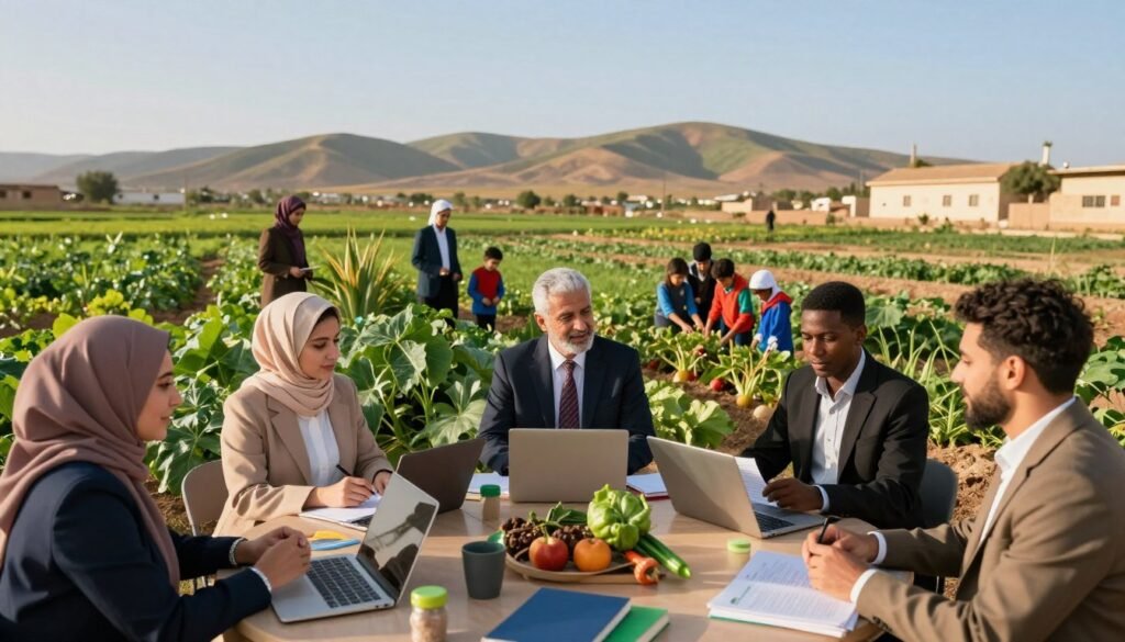 A vibrant community scene illustrating education and agriculture initiatives in Morocco. In the foreground, a group of five diverse individuals, both men and women, are engaged in an interactive workshop, surrounded by educational materials like books, laptops, and agricultural tools, all dressed in professional attire. In the middle, a lush green field showcases various crops, symbolizing sustainable farming, with teachers guiding students on the importance of agricultural practices. The background features rolling hills and a clear blue sky, creating a serene atmosphere. The lighting is warm and natural, highlighting the enthusiasm and collaboration of the participants. The mood is optimistic, representing growth and knowledge-sharing in community development. A vibrant community scene illustrating education and agriculture initiatives in Morocco. In the foreground, a group of five diverse individuals, both men and women, are engaged in an interactive workshop, surrounded by educational materials like books, laptops, and agricultural tools, all dressed in professional attire. In the middle, a lush green field showcases various crops, symbolizing sustainable farming, with teachers guiding students on the importance of agricultural practices. The background features rolling hills and a clear blue sky, creating a serene atmosphere. The lighting is warm and natural, highlighting the enthusiasm and collaboration of the participants. The mood is optimistic, representing growth and knowledge-sharing in community development.