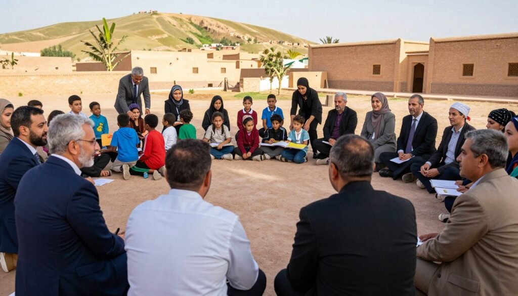 A vibrant community scene showcasing the impact of Fondation Zakoura on local life in Morocco. In the foreground, a diverse group of men and women of varying ages, dressed in professional business attire and modest casual clothing, engage in a community meeting, sharing ideas and collaborating. The middle ground features educational activities, with children learning in small groups, while adults assist as mentors, emphasizing the foundation's commitment to education and empowerment. In the background, sunlit hills and traditional Moroccan architecture create a warm, optimistic atmosphere. The lighting is bright and natural, capturing the essence of a hopeful community striving for a better future. Use a wide-angle lens to create depth, enhancing the sense of togetherness and community spirit. A vibrant community scene showcasing the impact of Fondation Zakoura on local life in Morocco. In the foreground, a diverse group of men and women of varying ages, dressed in professional business attire and modest casual clothing, engage in a community meeting, sharing ideas and collaborating. The middle ground features educational activities, with children learning in small groups, while adults assist as mentors, emphasizing the foundation's commitment to education and empowerment. In the background, sunlit hills and traditional Moroccan architecture create a warm, optimistic atmosphere. The lighting is bright and natural, capturing the essence of a hopeful community striving for a better future. Use a wide-angle lens to create depth, enhancing the sense of togetherness and community spirit.