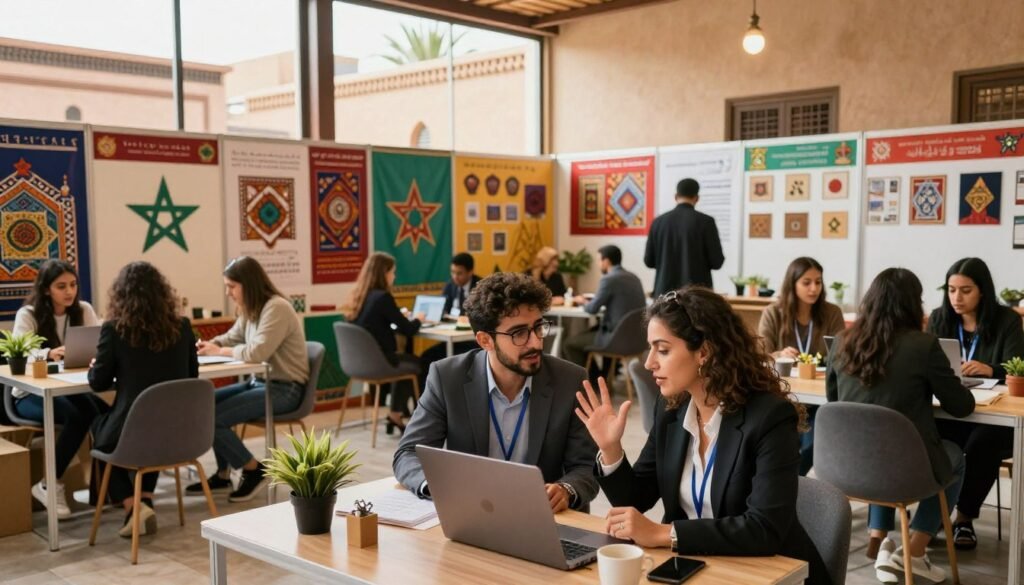 A vibrant depiction of the Moroccan entrepreneurial ecosystem, showcasing a bustling co-working space filled with diverse individuals. In the foreground, a male and female entrepreneur, dressed in professional business attire, engage in animated conversation over a laptop, illustrating collaboration and innovation. The middle ground features a variety of small start-up booths, showcasing products and ideas, with colorful banners displaying Moroccan design elements. In the background, traditional Moroccan architecture blends harmoniously with modern buildings, symbolizing the fusion of tradition and innovation. The scene is illuminated by warm, natural light streaming in through large windows, creating an inviting atmosphere that inspires creativity and growth. The overall mood is dynamic and optimistic, reflecting the spirit of entrepreneurship in Morocco. A vibrant depiction of the Moroccan entrepreneurial ecosystem, showcasing a bustling co-working space filled with diverse individuals. In the foreground, a male and female entrepreneur, dressed in professional business attire, engage in animated conversation over a laptop, illustrating collaboration and innovation. The middle ground features a variety of small start-up booths, showcasing products and ideas, with colorful banners displaying Moroccan design elements. In the background, traditional Moroccan architecture blends harmoniously with modern buildings, symbolizing the fusion of tradition and innovation. The scene is illuminated by warm, natural light streaming in through large windows, creating an inviting atmosphere that inspires creativity and growth. The overall mood is dynamic and optimistic, reflecting the spirit of entrepreneurship in Morocco.