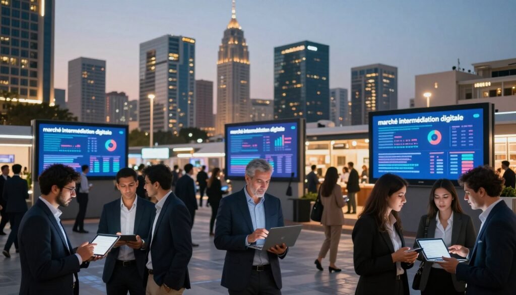 A vibrant digital marketplace scene depicting "marché intermédiation digitale." In the foreground, diverse individuals in professional business attire engage in discussions, viewing tablets and laptops, symbolizing digital collaboration. In the middle, digital billboards display dynamic charts and stats about Moroccan digital transformation. The background features a modern city skyline at dusk, with buildings illuminated by dusk light, creating a blend of warmth and innovation. Use a wide-angle lens to capture depth, and soft ambient lighting to enhance the energetic yet professional atmosphere. The mood is aspirational and forward-looking, emphasizing growth and opportunity in digital operations in Morocco. A vibrant digital marketplace scene depicting "marché intermédiation digitale." In the foreground, diverse individuals in professional business attire engage in discussions, viewing tablets and laptops, symbolizing digital collaboration. In the middle, digital billboards display dynamic charts and stats about Moroccan digital transformation. The background features a modern city skyline at dusk, with buildings illuminated by dusk light, creating a blend of warmth and innovation. Use a wide-angle lens to capture depth, and soft ambient lighting to enhance the energetic yet professional atmosphere. The mood is aspirational and forward-looking, emphasizing growth and opportunity in digital operations in Morocco.
