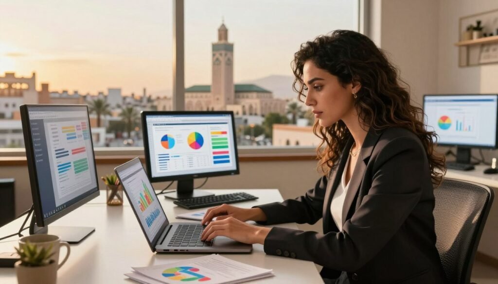 A vibrant digital workspace scene showcasing a Moroccan business professional analyzing SEO strategies on a laptop. In the foreground, a confident woman in smart business attire, deeply focused on her screen, with colorful charts and graphs displayed. The middle ground features a sleek desk with SEO tools and notes scattered around, infused with a warm, inviting light. In the background, a window reveals a panoramic view of a bustling Moroccan cityscape with cultural architecture, like the Hassan II Mosque and palm trees, bathed in soft golden hour sunlight. The atmosphere is dynamic and inspiring, emphasizing the importance of effective SEO strategies for Moroccan businesses. A vibrant digital workspace scene showcasing a Moroccan business professional analyzing SEO strategies on a laptop. In the foreground, a confident woman in smart business attire, deeply focused on her screen, with colorful charts and graphs displayed. The middle ground features a sleek desk with SEO tools and notes scattered around, infused with a warm, inviting light. In the background, a window reveals a panoramic view of a bustling Moroccan cityscape with cultural architecture, like the Hassan II Mosque and palm trees, bathed in soft golden hour sunlight. The atmosphere is dynamic and inspiring, emphasizing the importance of effective SEO strategies for Moroccan businesses.