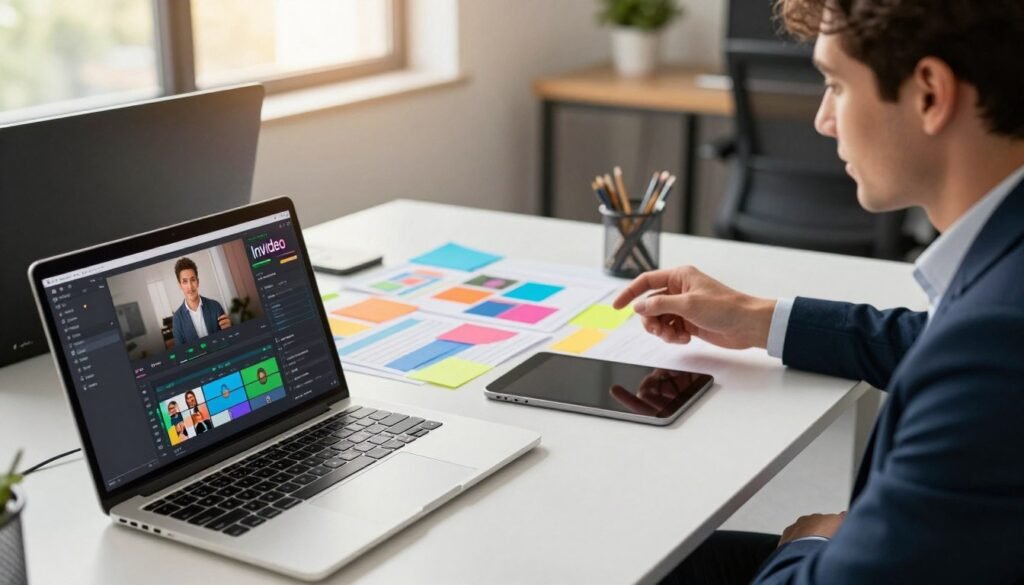 A vibrant digital workspace showcasing key features of InVideo. In the foreground, a sleek laptop displaying an intuitive video editing interface with visible options such as templates and editing tools. Beside it, a professional person, dressed in smart business attire, interacts with the software, exhibiting a focused expression. In the middle, a stylish desk cluttered with colorful storyboards, scripts, and digital devices like a tablet and smartphone, all hinting at a creative process. The background features a modern office environment with large windows allowing warm, natural light to fill the space, casting soft shadows. The mood is innovative and inspiring, reflecting a passion for video creation and professional growth. The imagery is dynamic yet orderly, illustrating the essence of InVideo's functionalities. A vibrant digital workspace showcasing key features of InVideo. In the foreground, a sleek laptop displaying an intuitive video editing interface with visible options such as templates and editing tools. Beside it, a professional person, dressed in smart business attire, interacts with the software, exhibiting a focused expression. In the middle, a stylish desk cluttered with colorful storyboards, scripts, and digital devices like a tablet and smartphone, all hinting at a creative process. The background features a modern office environment with large windows allowing warm, natural light to fill the space, casting soft shadows. The mood is innovative and inspiring, reflecting a passion for video creation and professional growth. The imagery is dynamic yet orderly, illustrating the essence of InVideo's functionalities.