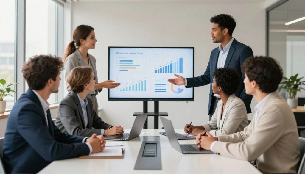 A vibrant, engaging meeting scene in a modern office setting, featuring three founders and two investors engaged in a lively discussion about startup funding. In the foreground, a diverse group of three professionals sits around a sleek conference table, showcasing a blend of races and genders, all dressed in smart business attire. The middle of the image captures visual aids like charts and graphs on a digital screen, highlighting financial trends and investment opportunities. In the background, large windows let in warm, natural light, creating an optimistic atmosphere. The camera angle is slightly elevated, providing a clear view of both the participants and the visual aids, conveying a sense of collaboration and forward-thinking energy. A vibrant, engaging meeting scene in a modern office setting, featuring three founders and two investors engaged in a lively discussion about startup funding. In the foreground, a diverse group of three professionals sits around a sleek conference table, showcasing a blend of races and genders, all dressed in smart business attire. The middle of the image captures visual aids like charts and graphs on a digital screen, highlighting financial trends and investment opportunities. In the background, large windows let in warm, natural light, creating an optimistic atmosphere. The camera angle is slightly elevated, providing a clear view of both the participants and the visual aids, conveying a sense of collaboration and forward-thinking energy.