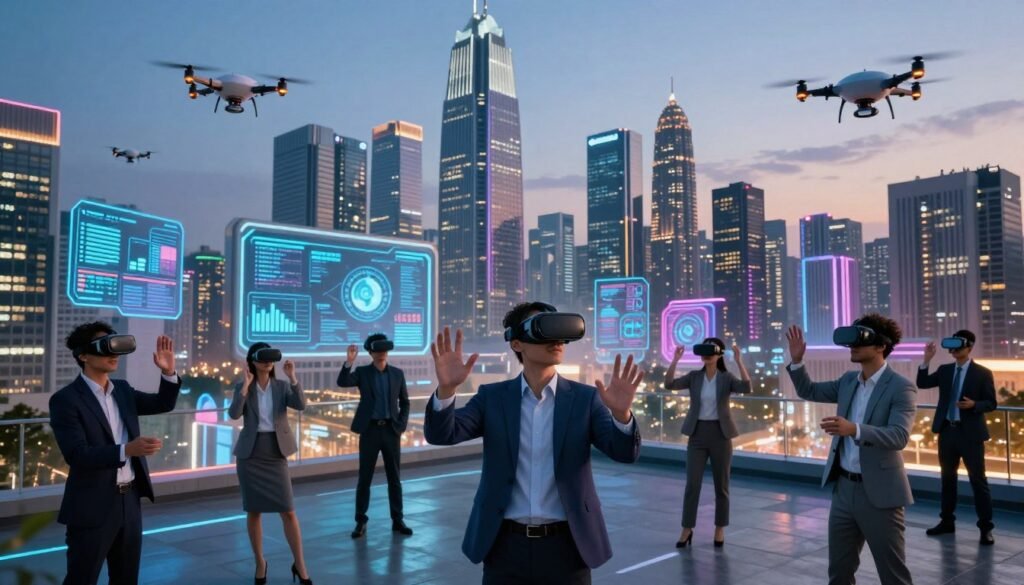 A vibrant, futuristic cityscape showcasing technological innovations in the digital industry. In the foreground, diverse professionals in smart business attire engage with virtual reality devices and holographic interfaces, symbolizing collaboration and innovation. The middle ground features modern buildings adorned with digital screens displaying data and analytics, with drones buzzing overhead, emphasizing automation and connectivity. In the background, a skyline of sleek skyscrapers glimmers under a twilight sky, illuminated by neon lights, reflecting the energy of progress and creativity. Use dynamic lighting to create a sense of excitement and movement, captured from a slightly elevated angle to provide depth and perspective, evoking a mood of optimism and forward-thinking in the realm of digital transformation. A vibrant, futuristic cityscape showcasing technological innovations in the digital industry. In the foreground, diverse professionals in smart business attire engage with virtual reality devices and holographic interfaces, symbolizing collaboration and innovation. The middle ground features modern buildings adorned with digital screens displaying data and analytics, with drones buzzing overhead, emphasizing automation and connectivity. In the background, a skyline of sleek skyscrapers glimmers under a twilight sky, illuminated by neon lights, reflecting the energy of progress and creativity. Use dynamic lighting to create a sense of excitement and movement, captured from a slightly elevated angle to provide depth and perspective, evoking a mood of optimism and forward-thinking in the realm of digital transformation.
